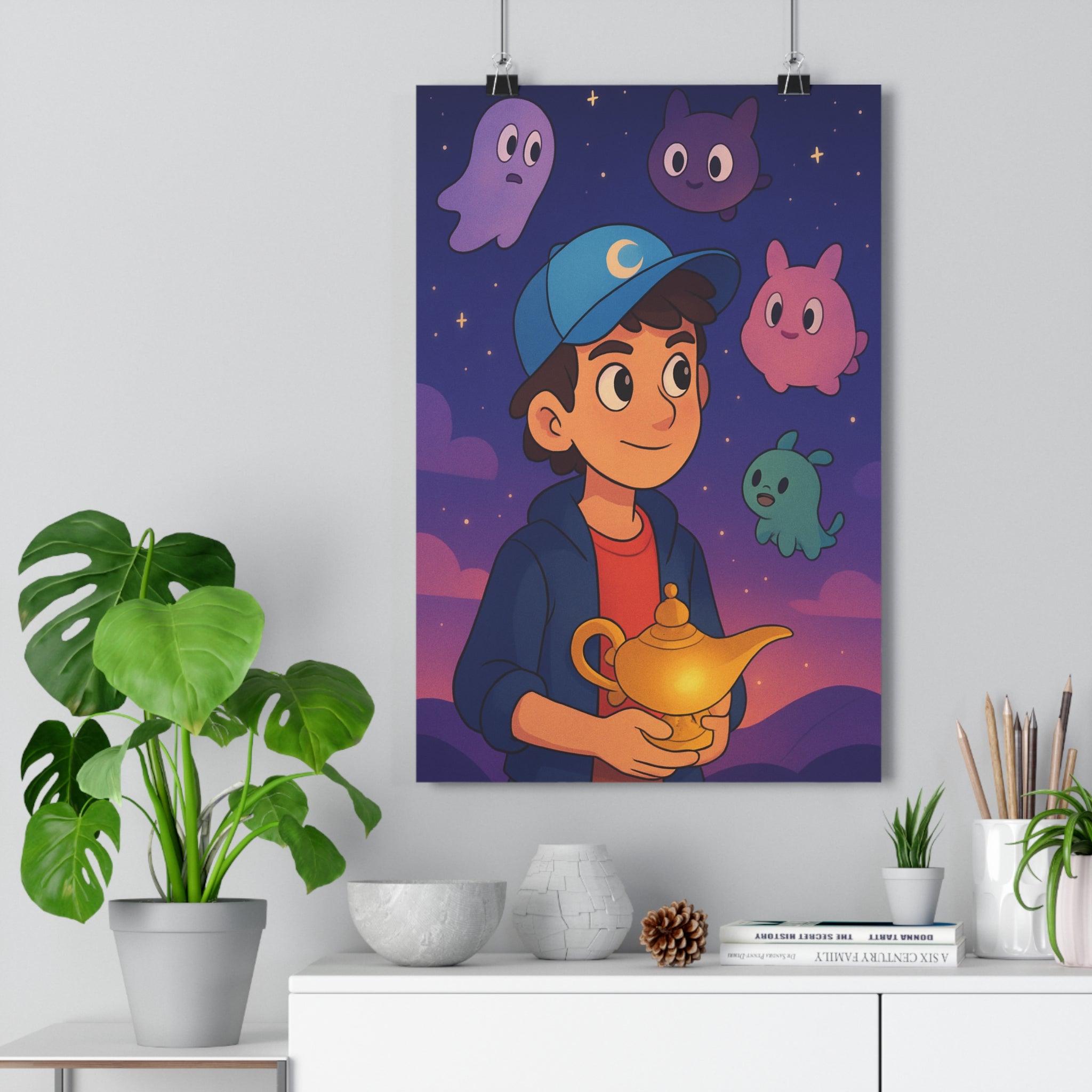 Poster décoratif enfant cartoon bleu rose magique rêve fantaisie chambre créatif étoilé ambiance garçon