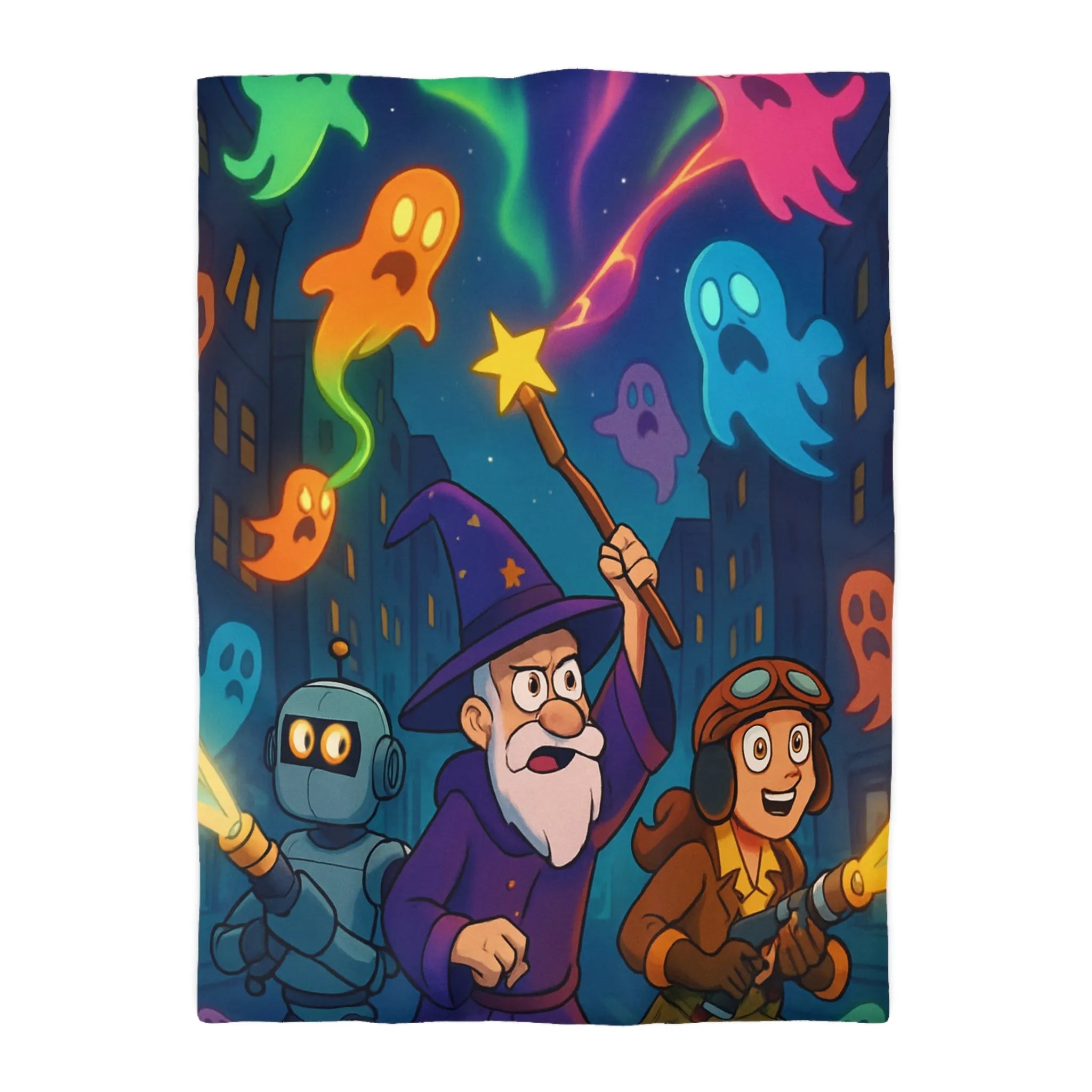 Housse de couette magique avec fantômes colorés, sorcier et robot aventureux en ville nocturne