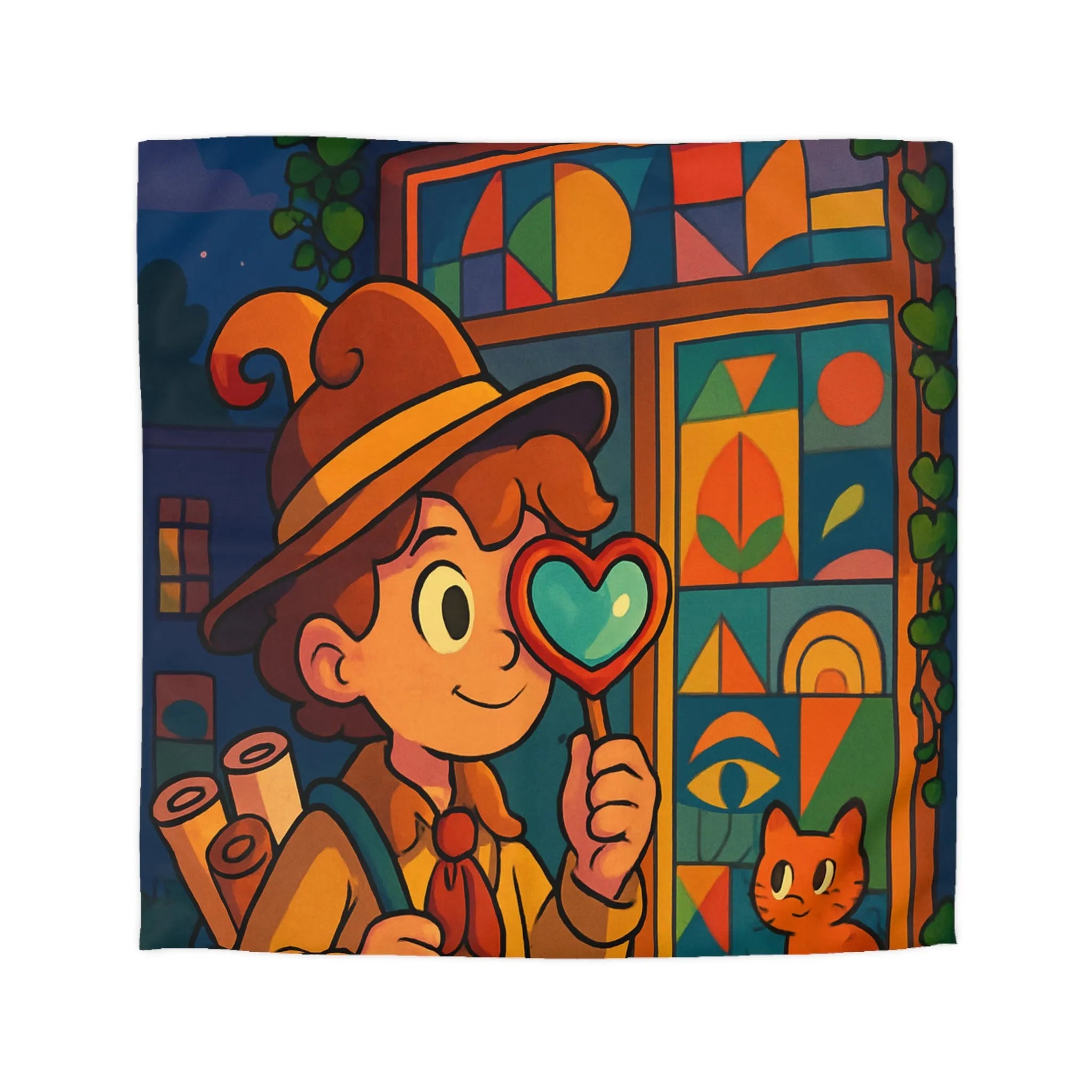 Housse de couette enfant magique avec chat mignon et motifs géométriques colorés