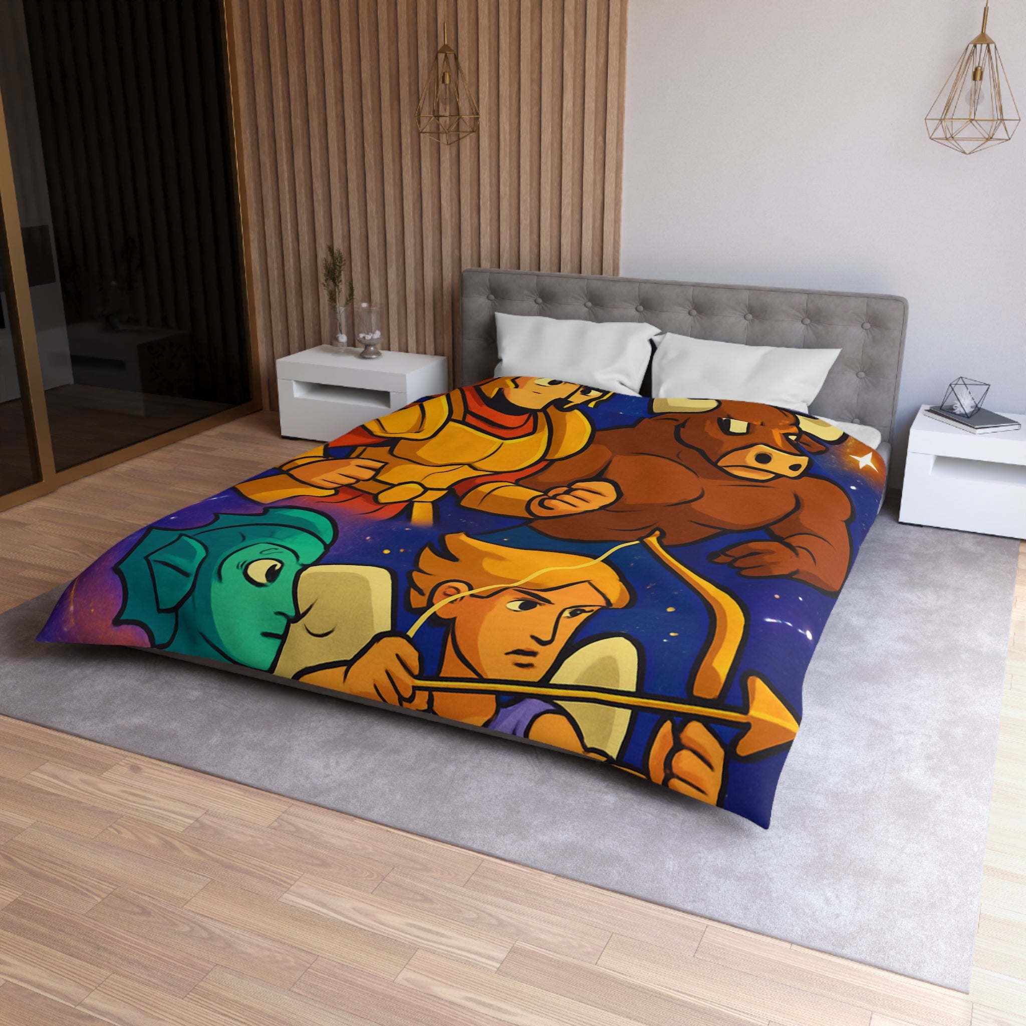 Housse de couette zodiaque illustrée avec chevalier, taureau, ange et créature marine