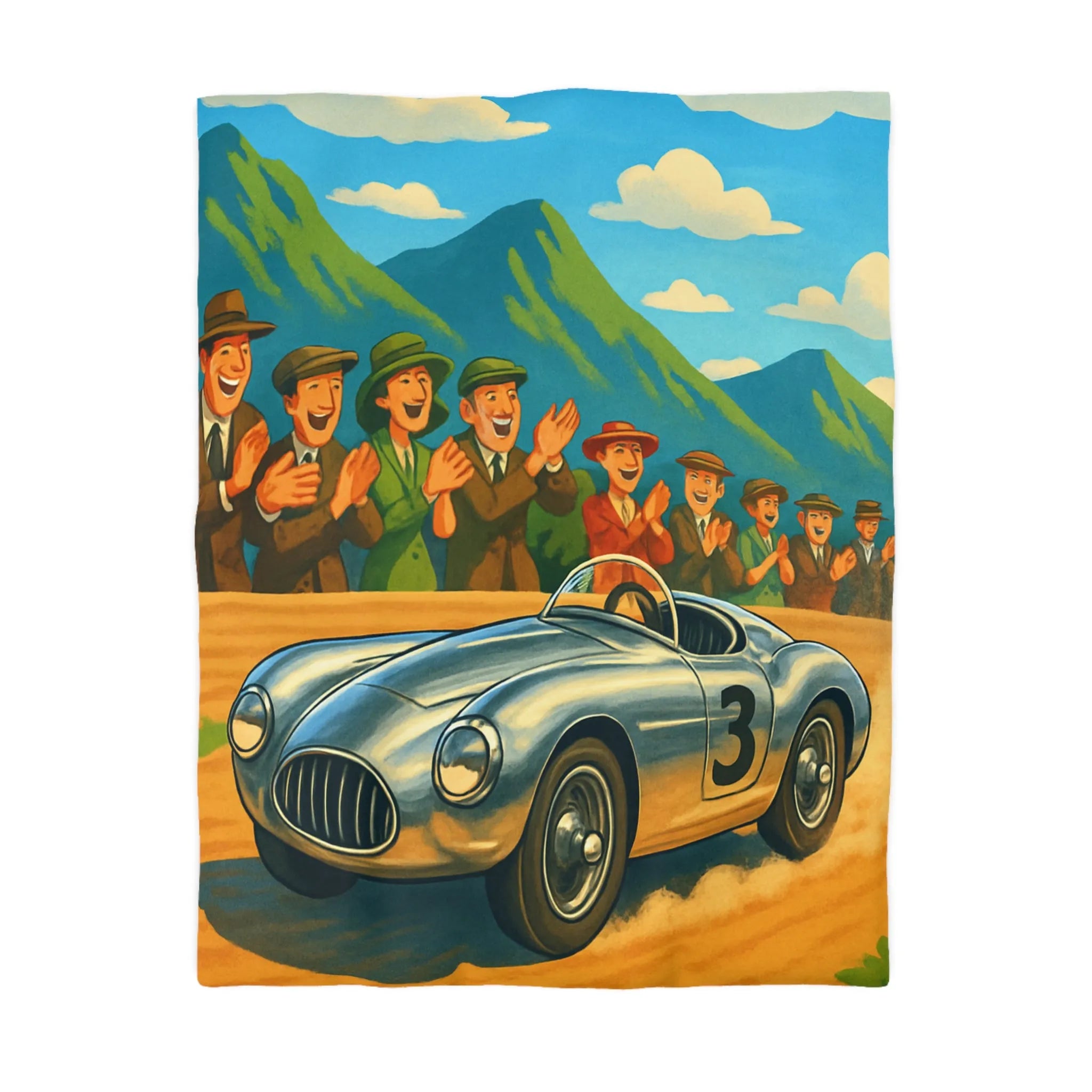 Housse de Couette Course Vintage Voiture Classique Montagnes Spectateurs Enthousiastes Couleurs Vives