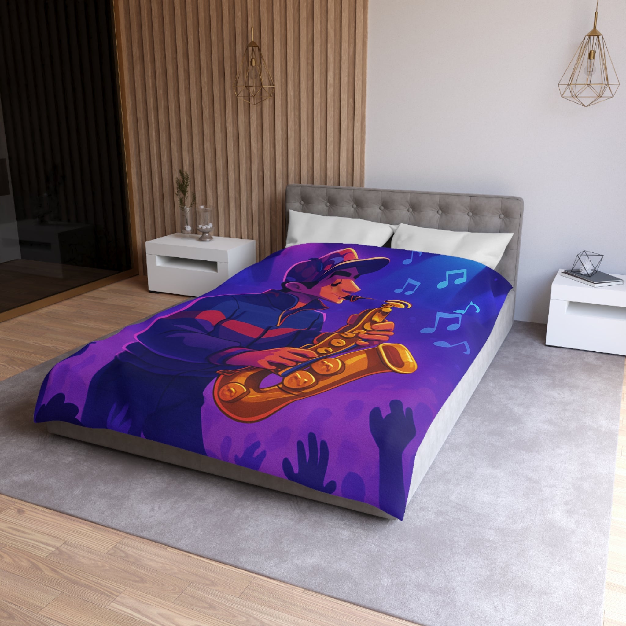 Jazz nocturne vibrant avec joueur de saxophone énergique sous lumières colorées et musique entraînante