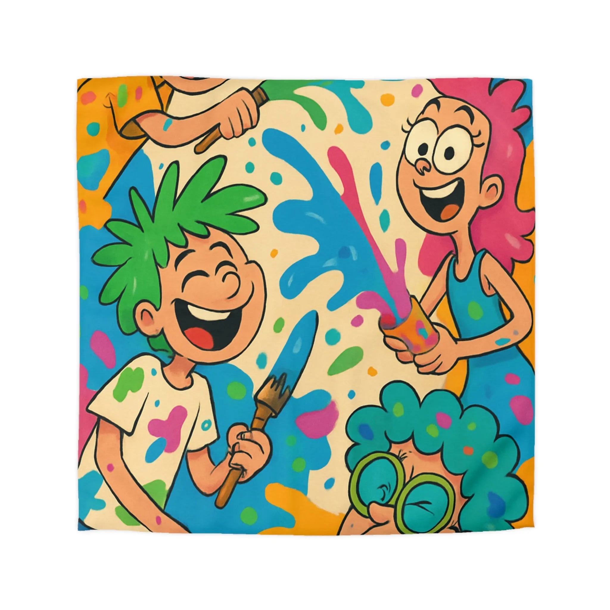Housse de couette colorée pour enfants avec personnages joyeux et éclaboussures de peinture