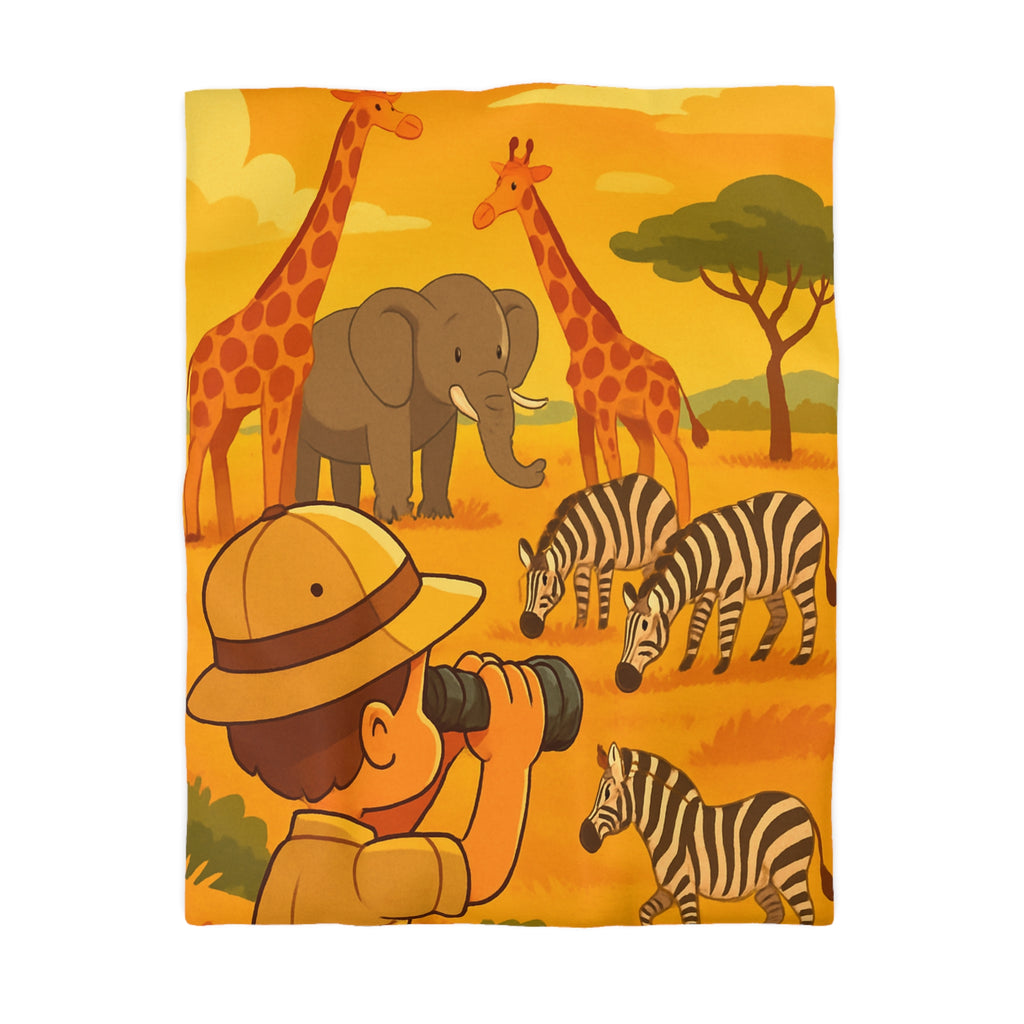 Housse de couette safari enfant avec éléphant, girafes et zèbres dans savane ensoleillée