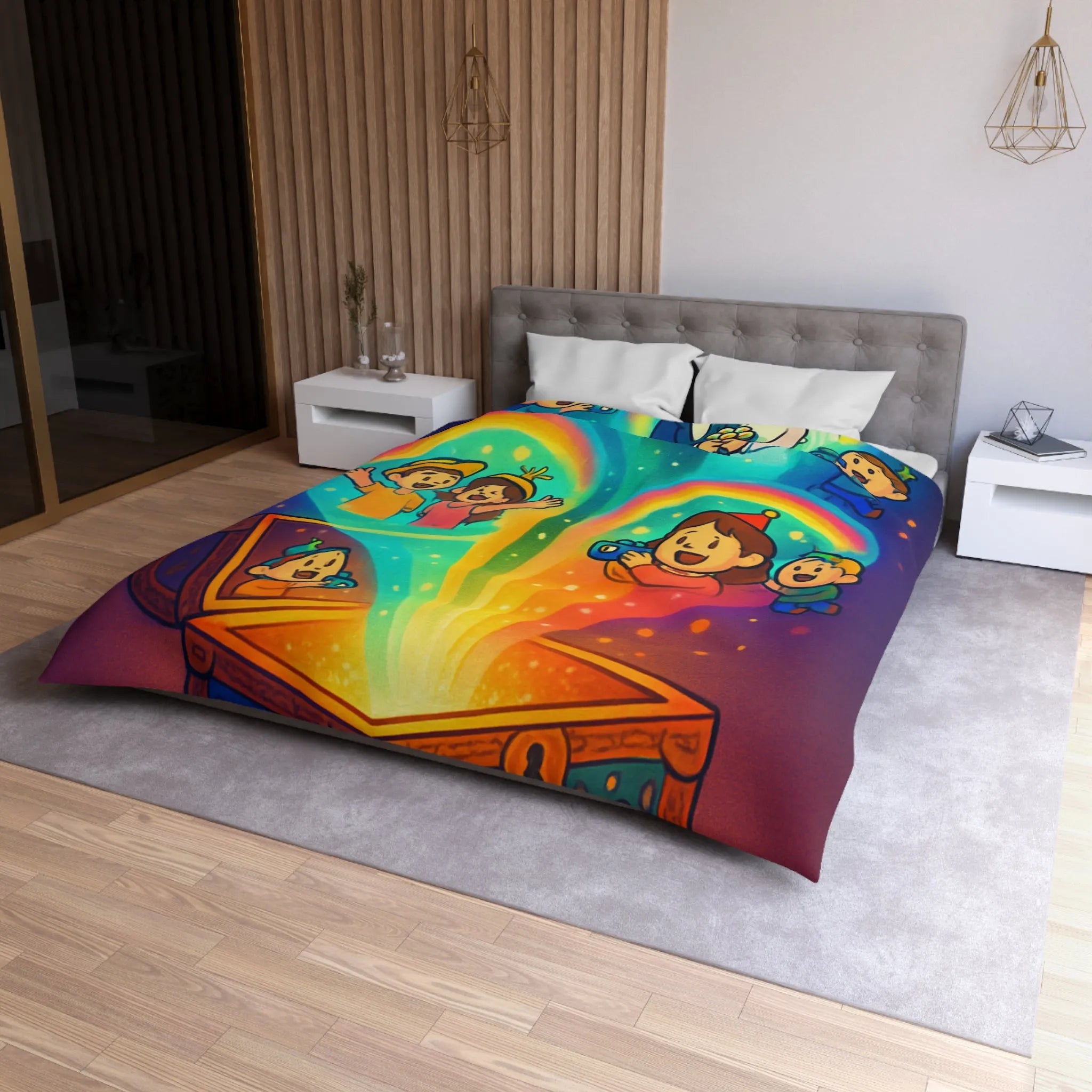 Housse de couette colorée avec coffre magique et souvenirs lumineux pour chambre joyeuse