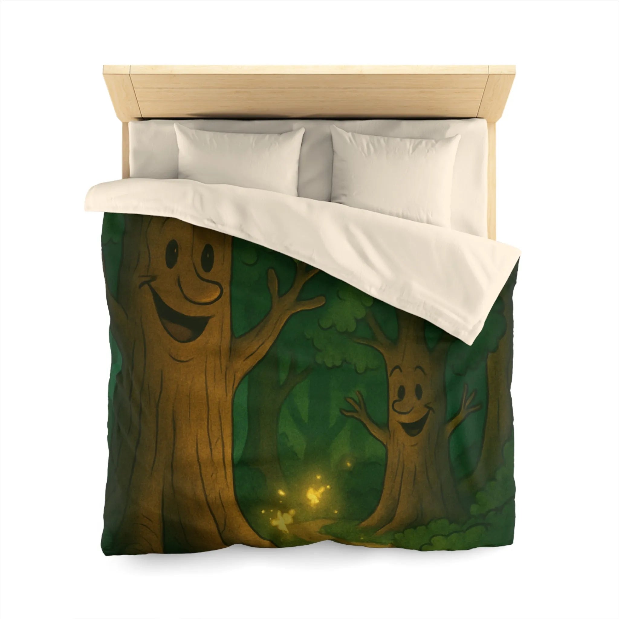 Enchanting Cartoon Forest Scene with Smiling Trees and Glowing Fireflies at Night