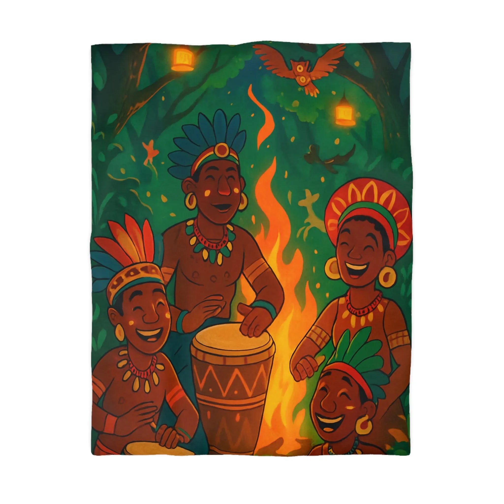 Housse de couette avec musiciens tribaux joyeux jouant des tambours autour du feu