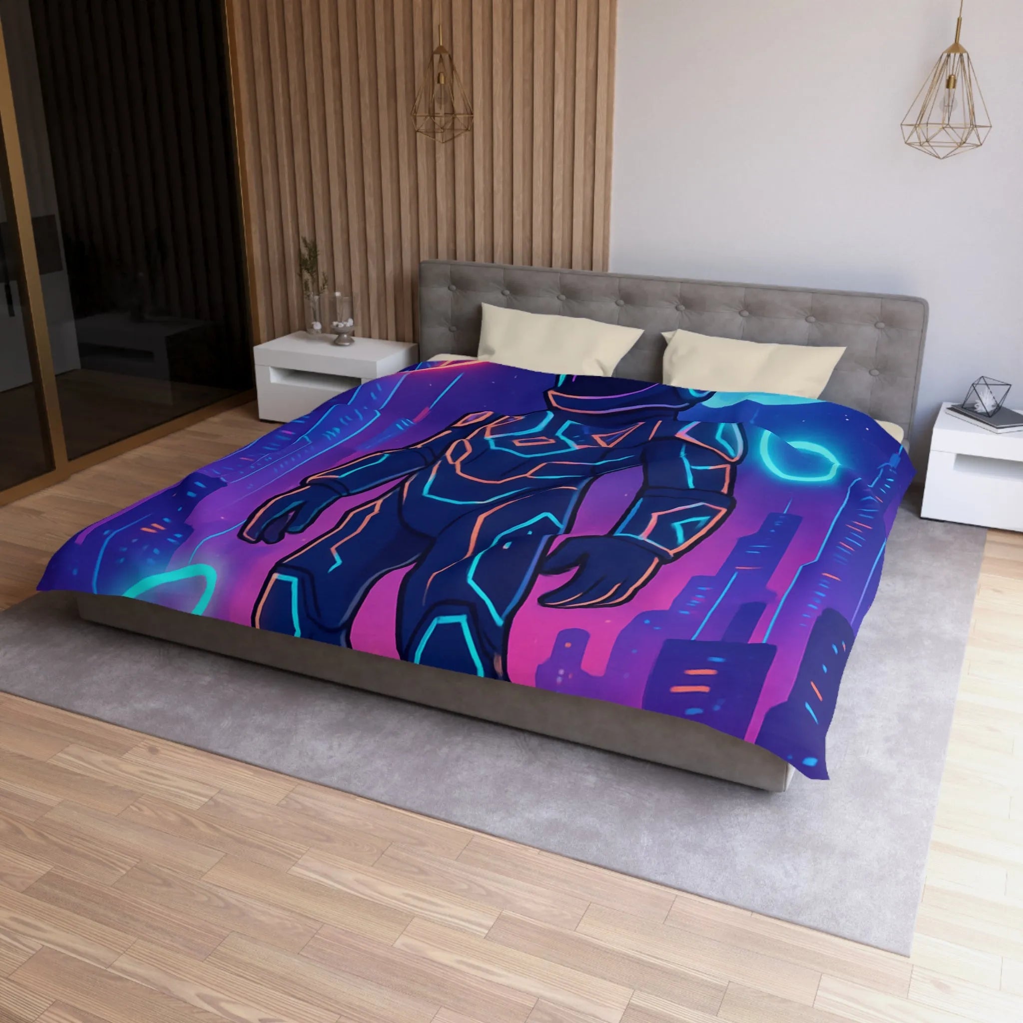 Housse de couette avec astronaute néon, skyline futuriste et vaisseaux spatiaux