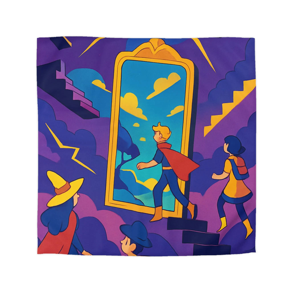 Housse de couette aventure magique avec personnages et miroir vers un monde fantastique