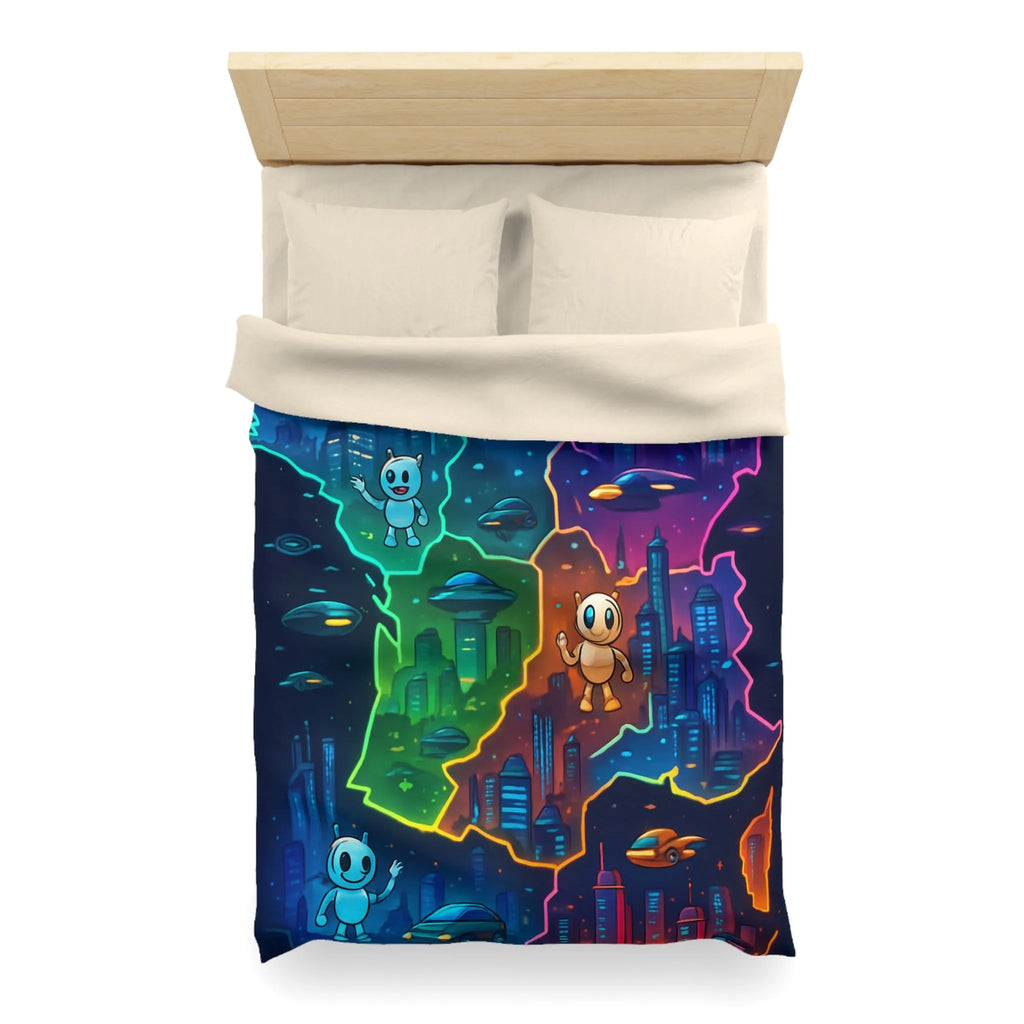 Carte de France futuriste colorée avec robots et OVNIs sur une housse de couette unique