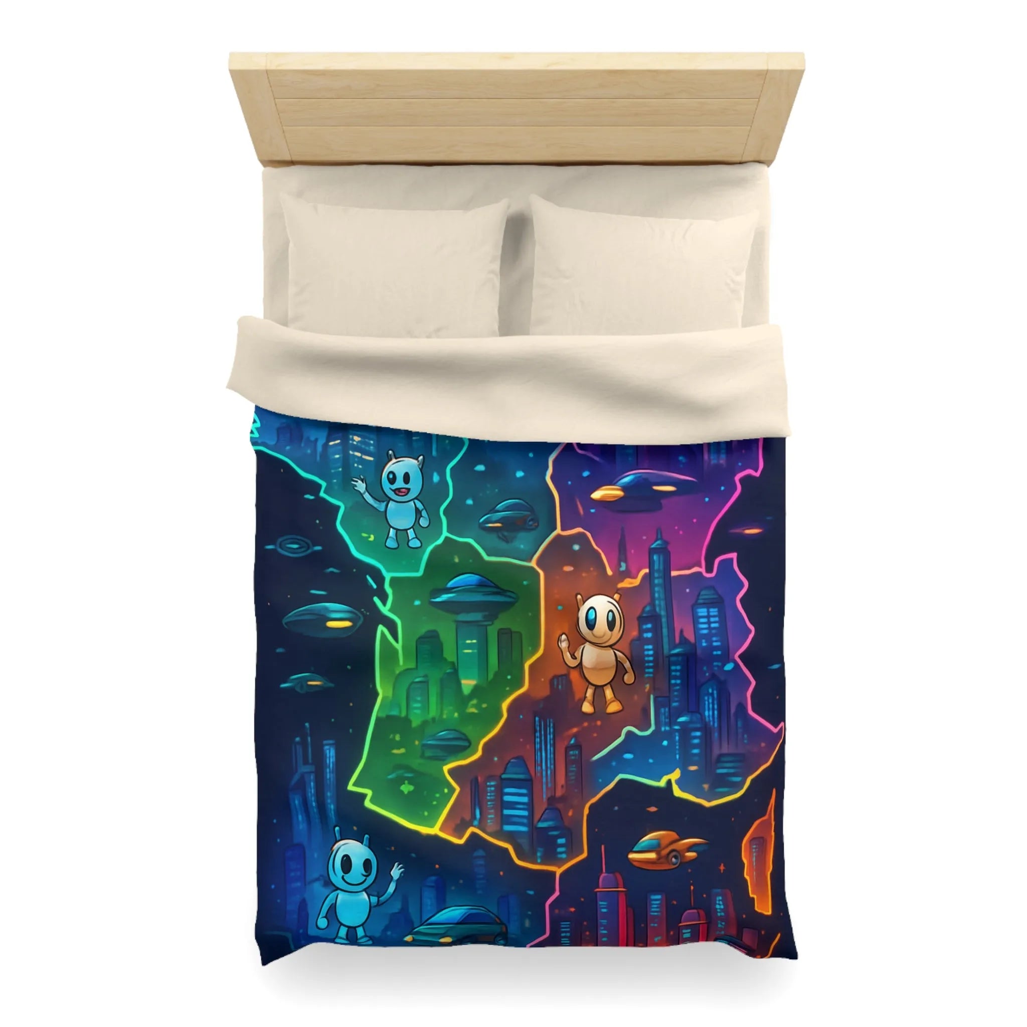 Carte de France futuriste colorée avec robots et OVNIs sur une housse de couette unique