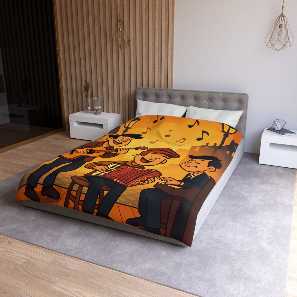 Housse de couette vintage ambiance musicale jazz avec trio de musiciens lumineux