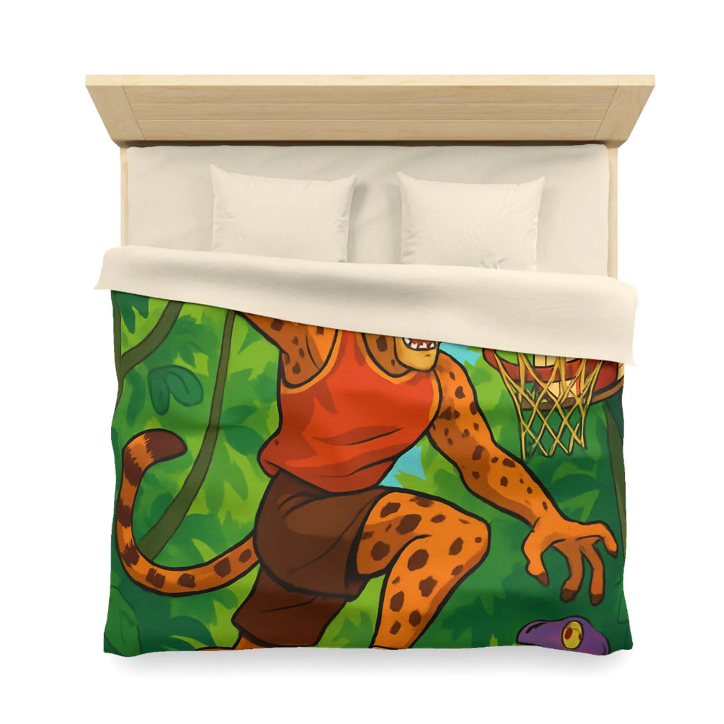 Housse de couette jungle dynamique avec lionceaux jouant au basket dans la forêt