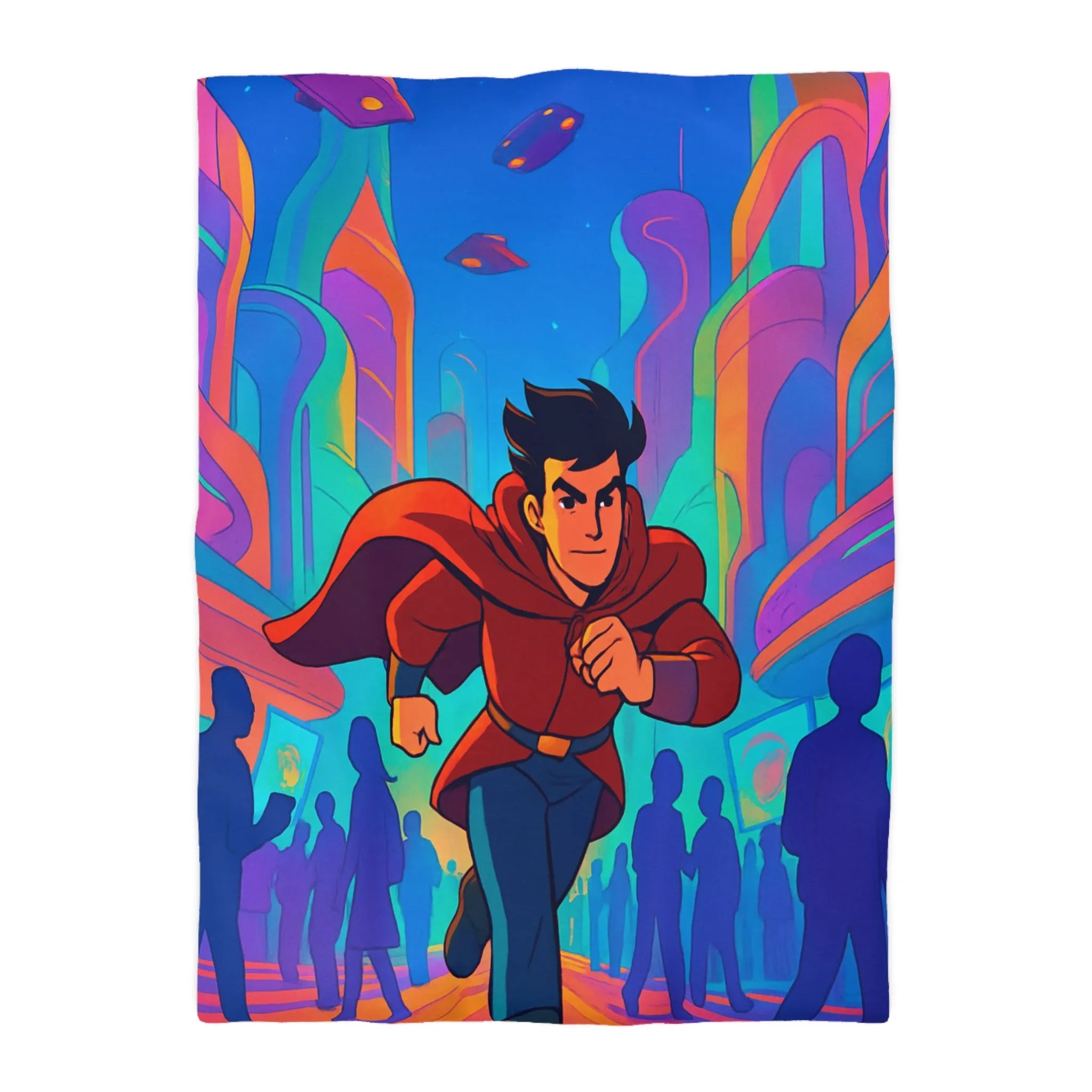 Housse de Couette avec Héros Futuriste Rouge Courant dans Ville Colorée et Dynamique