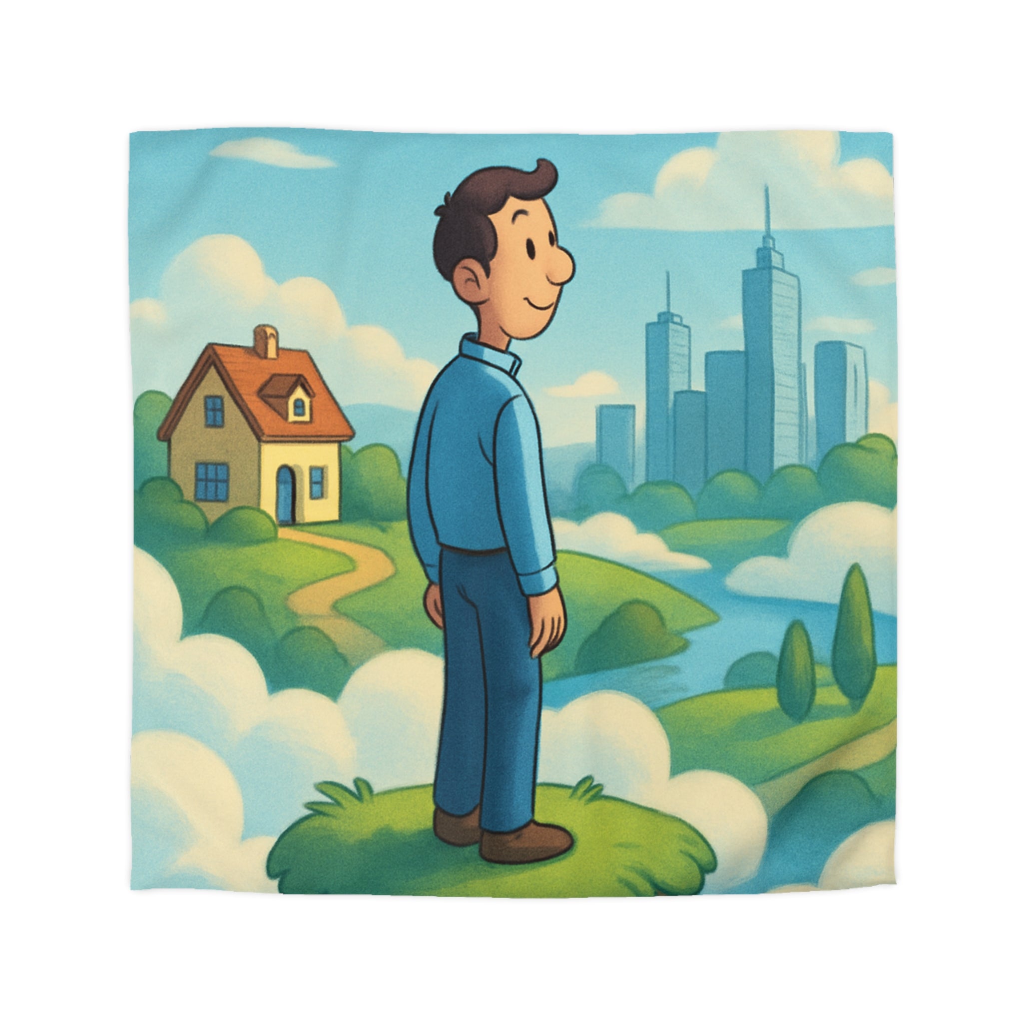 Illustration de rêve serein de paysage flottant avec personnage et ville éloignée