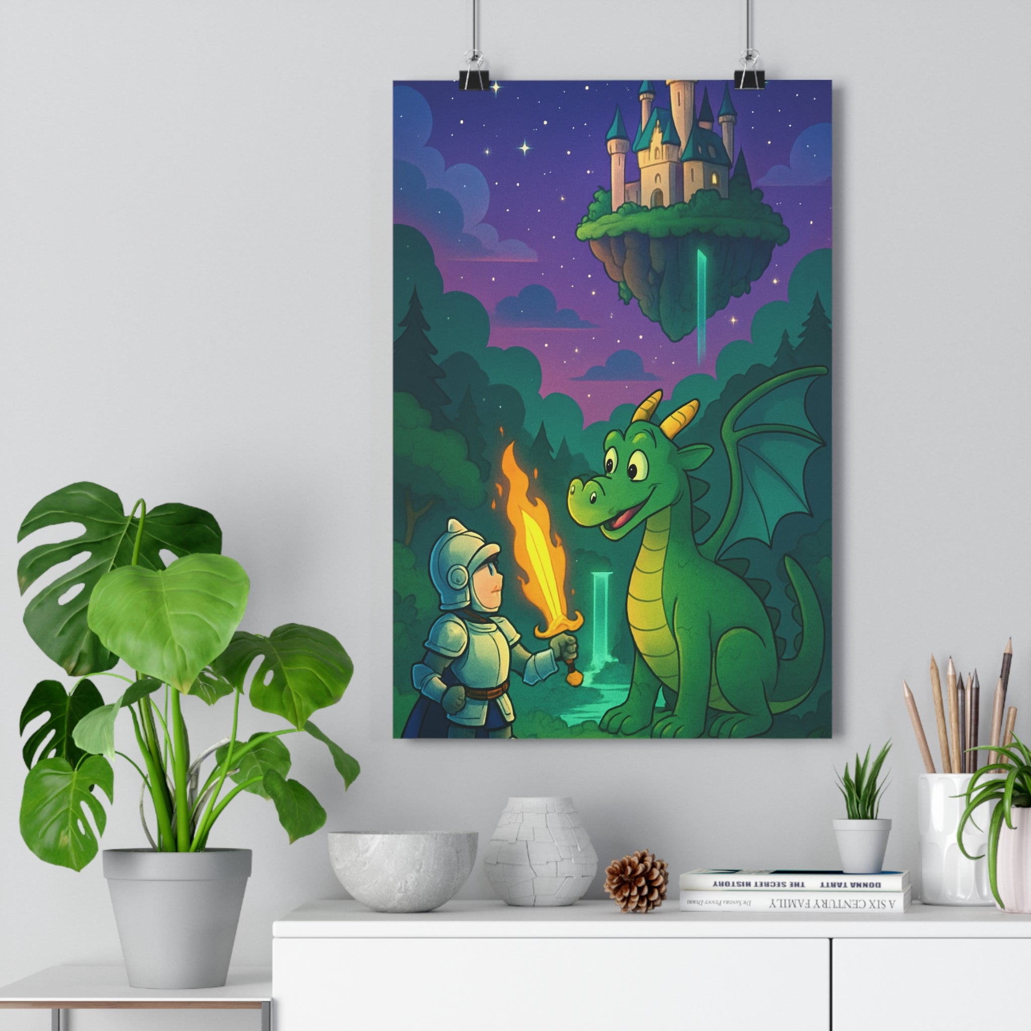 Poster décoratif médiéval féerique rouge vert chambre enfant aventure magique cartoon chevalier épée dragon