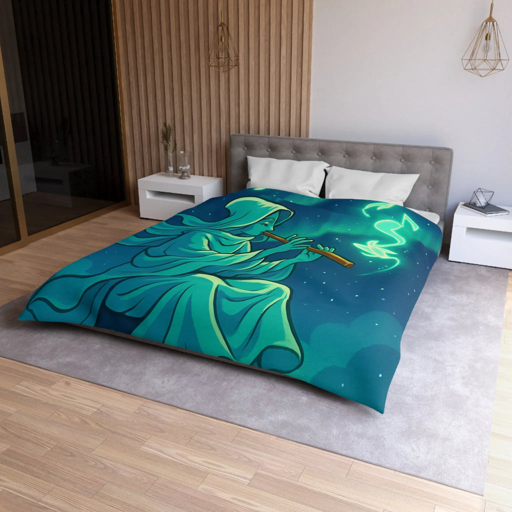 Housse de couette magique avec joueur de flûte créant des formes lumineuses célestes