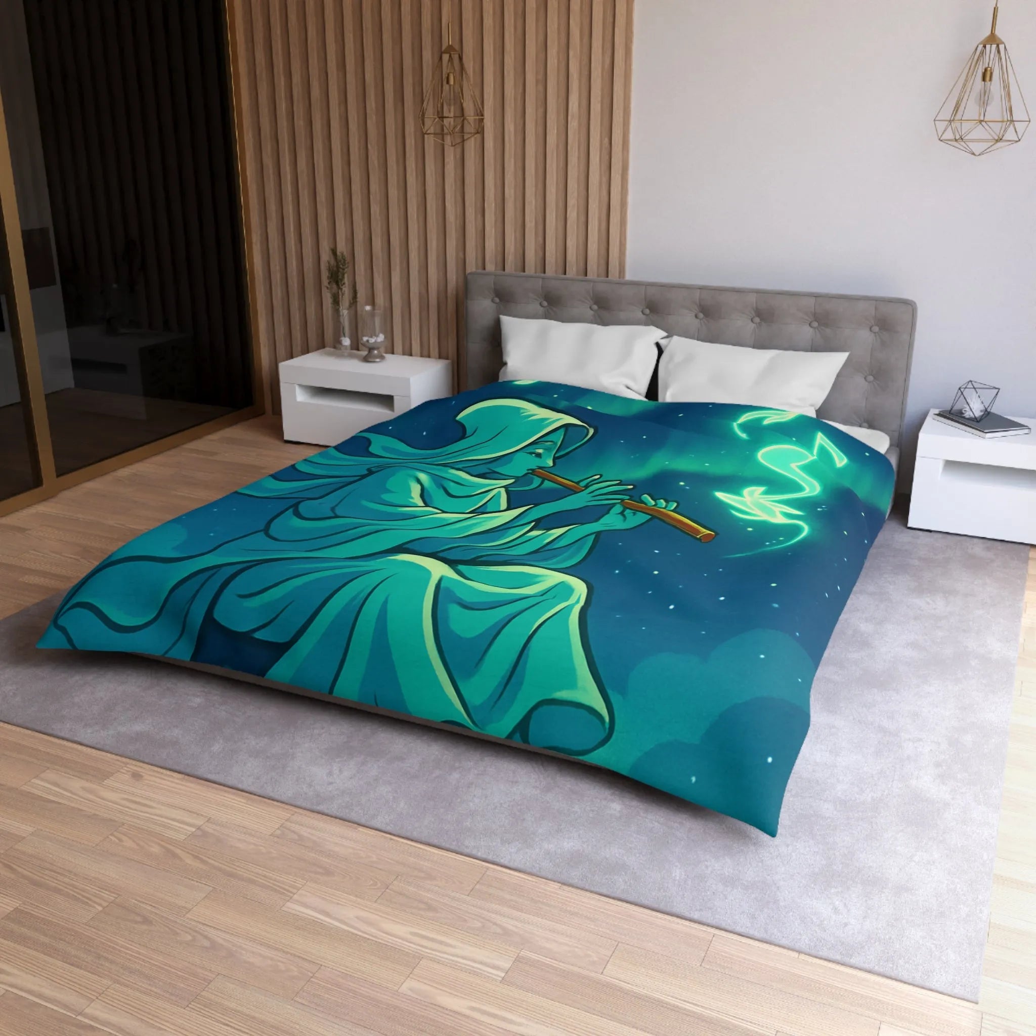 Housse de couette magique avec joueur de flûte créant des formes lumineuses célestes