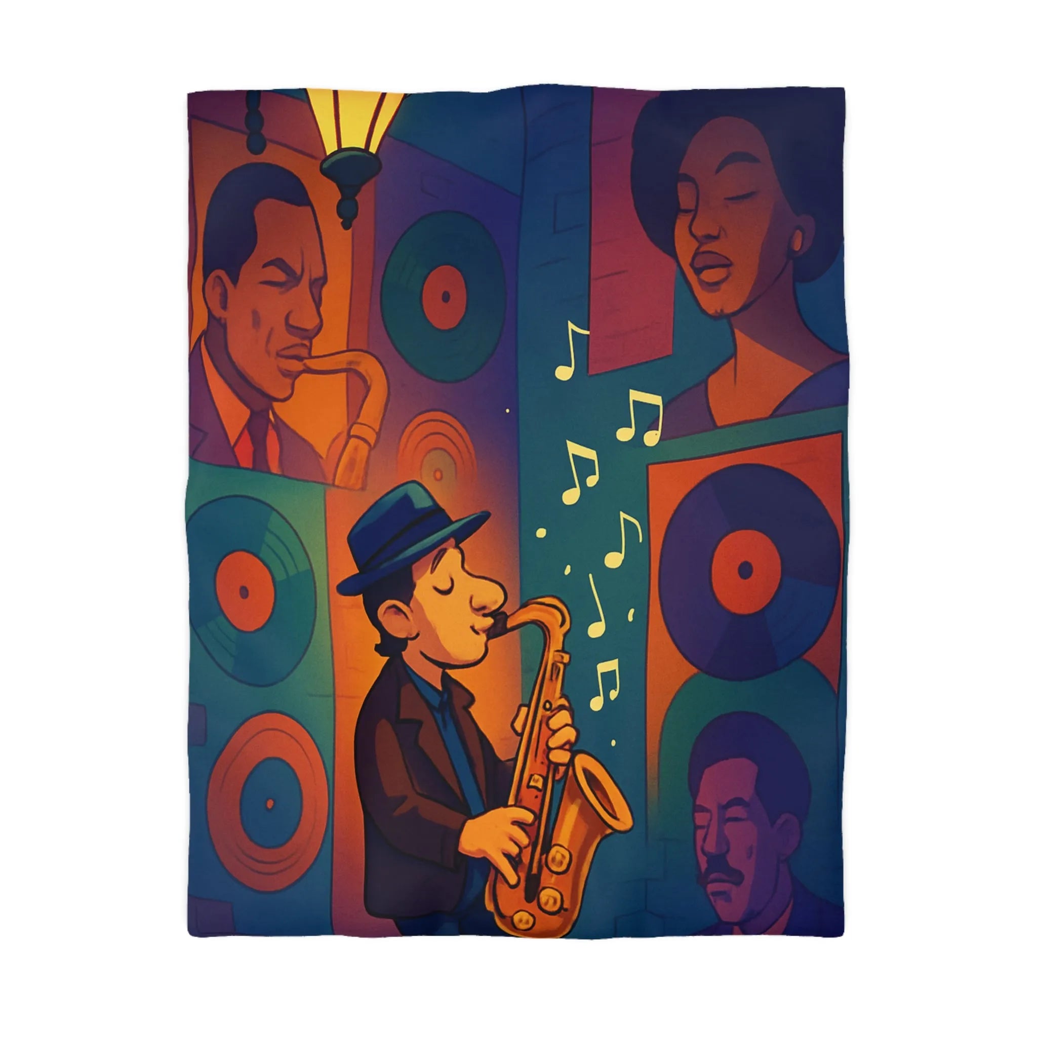 Housse de couette jazz vintage avec saxophoniste et portraits emblématiques en couleurs vibrantes