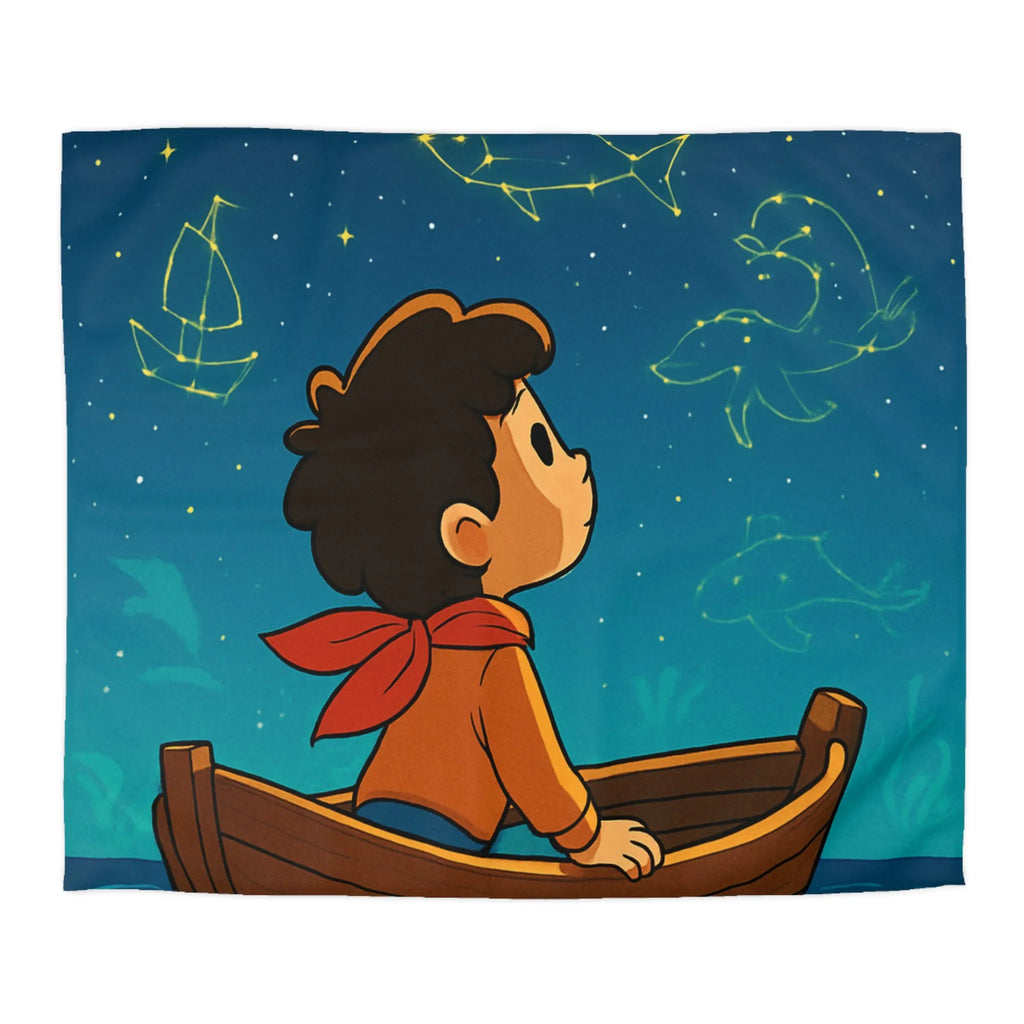 Enfant rêveur explorant les constellations marines lumineuses depuis un petit bateau paisible