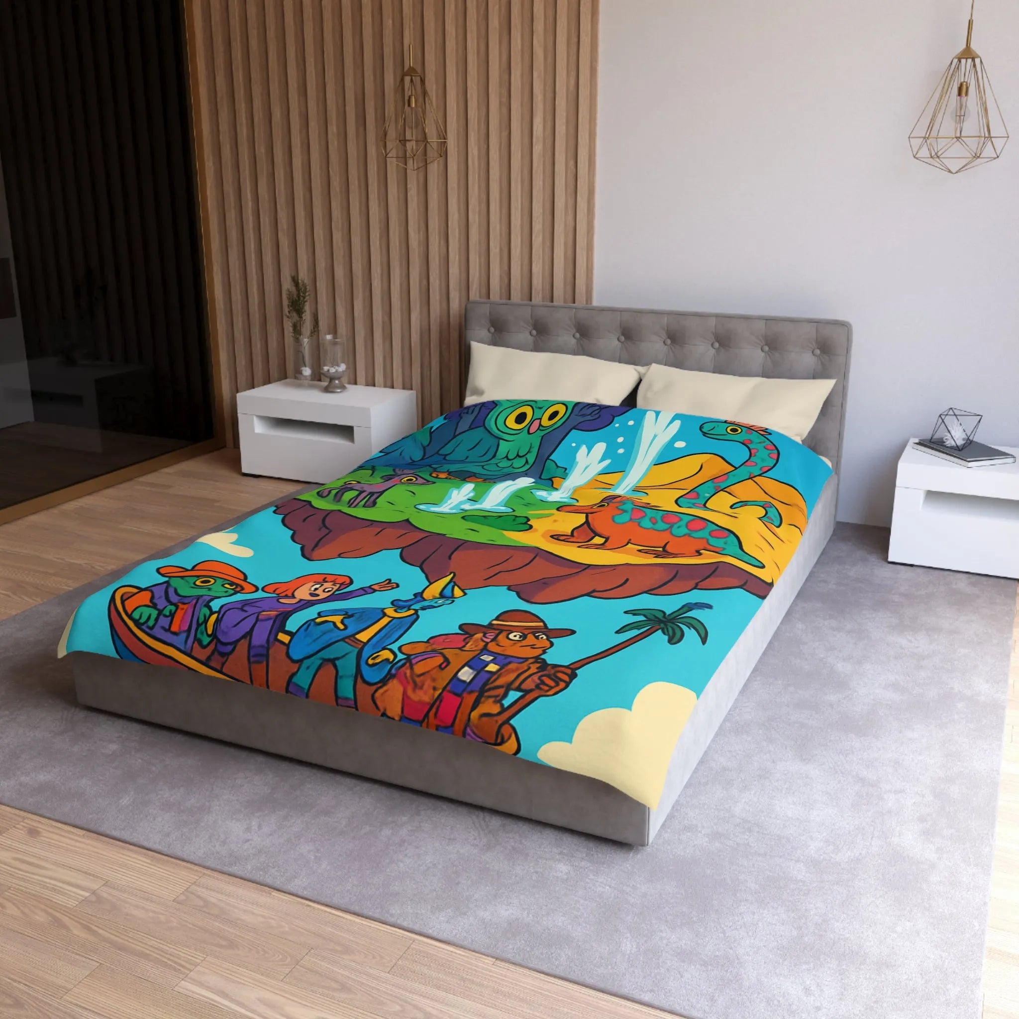 Housse de couette fantaisie avec animaux colorés sur une île flottante magique