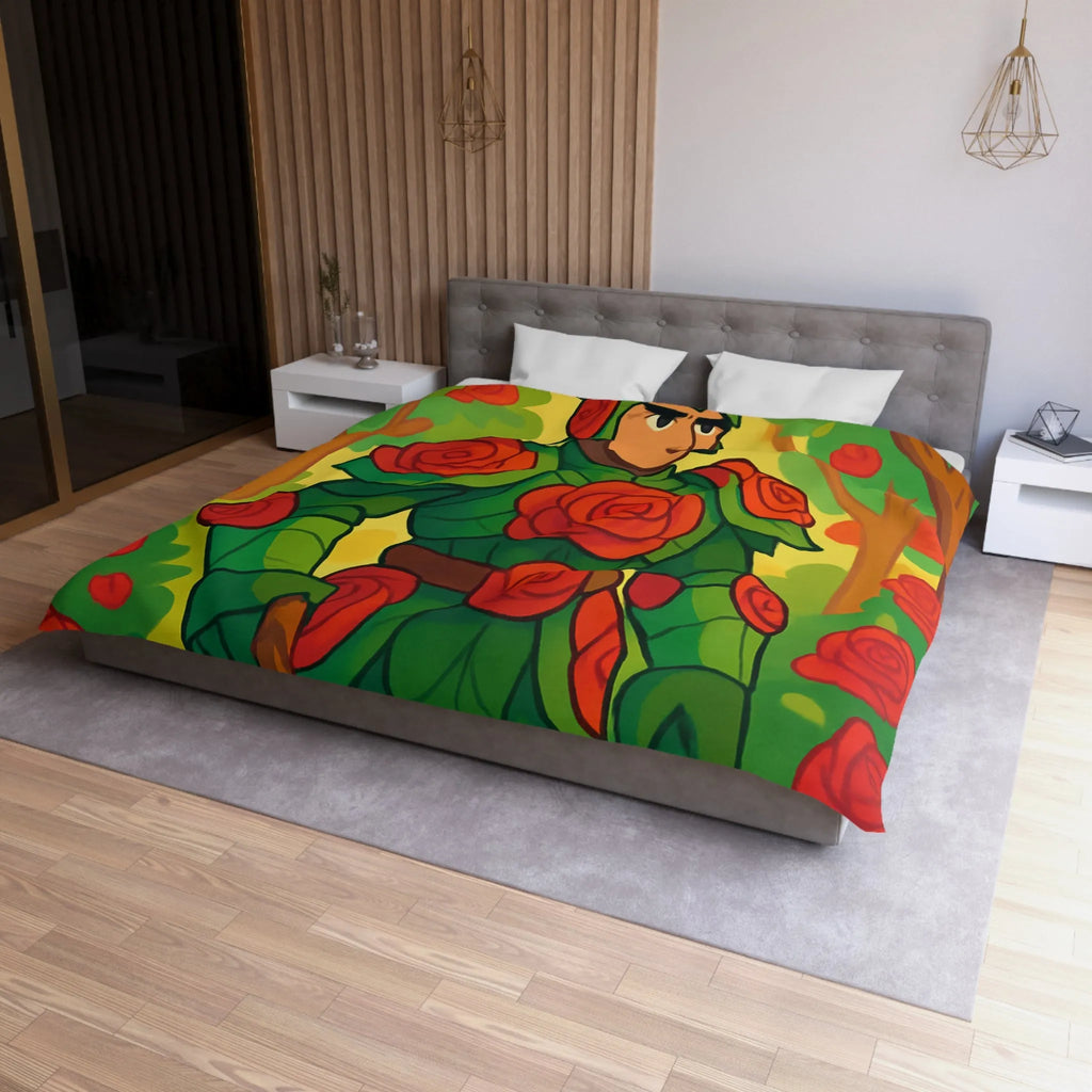 Housse de couette au design chevalier floral avec roses rouges et feuillage vert