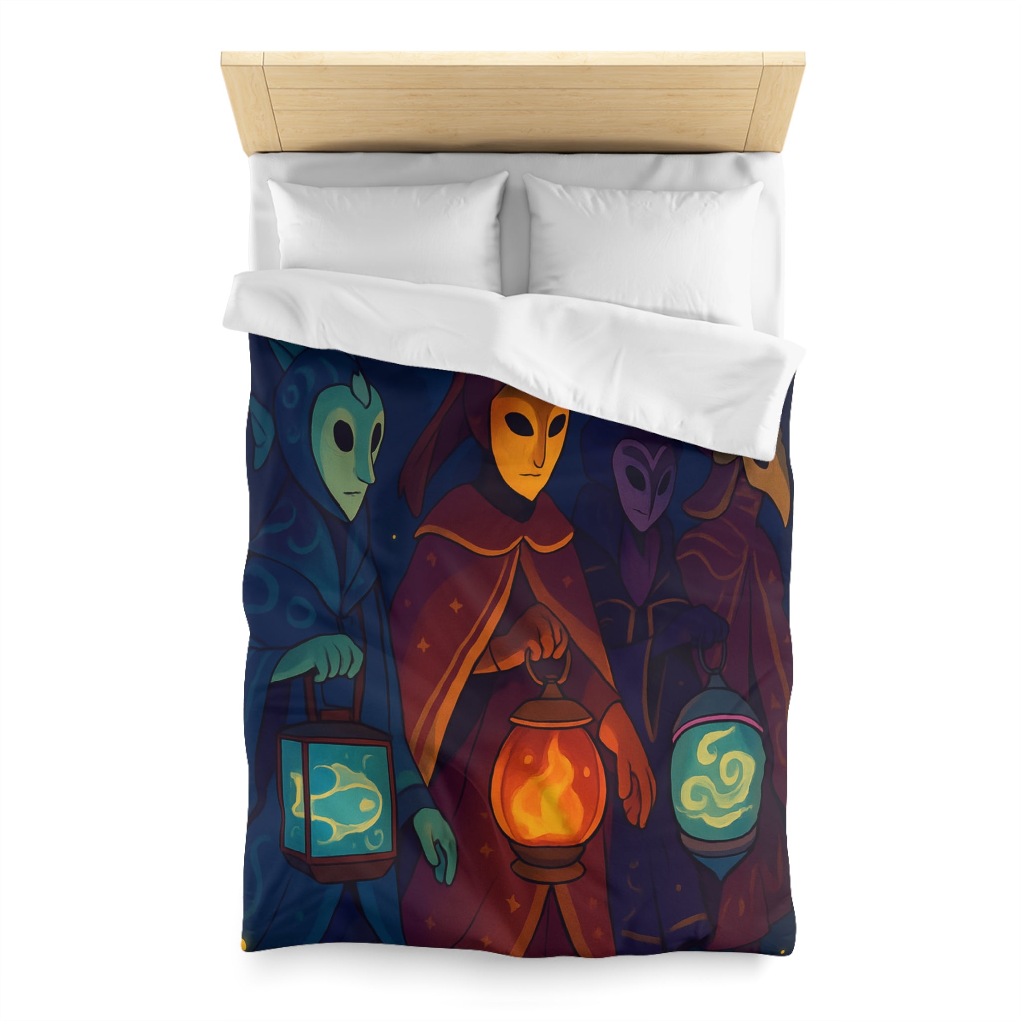 Housse de couette mystérieuse avec personnages masqués et lanternes en forêt étoilée