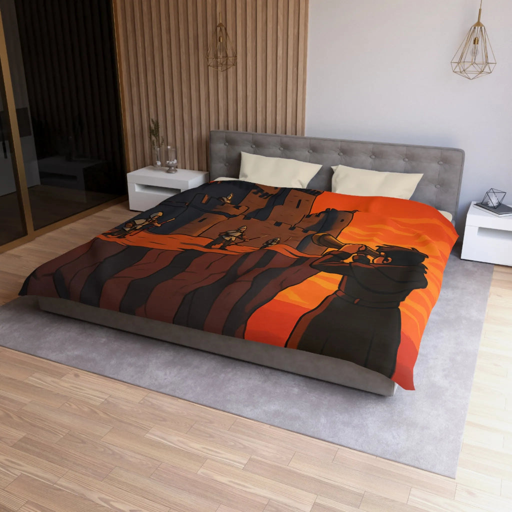 Housse de couette médiévale avec forteresse et observateur sous coucher de soleil épique