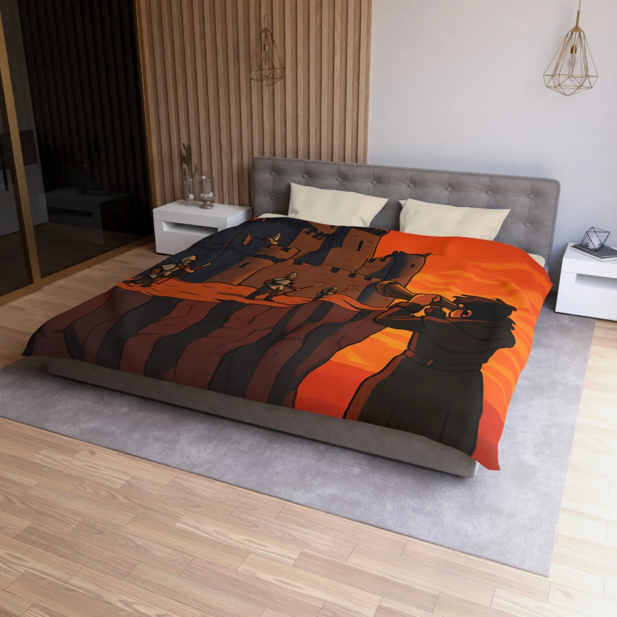 Housse de couette médiévale avec forteresse et observateur sous coucher de soleil épique