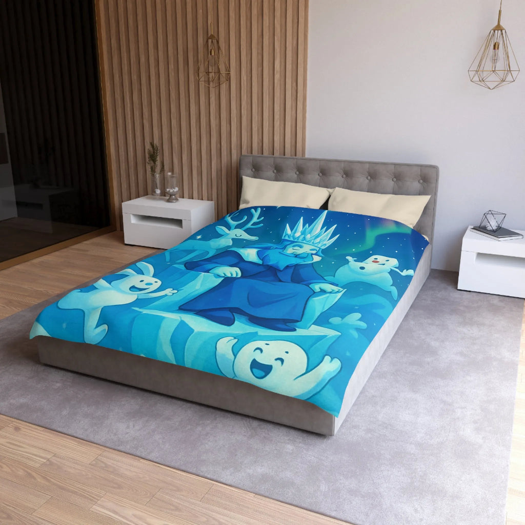 Housse de couette bleue roi de glace avec animaux et aurore boréale hivernale festive