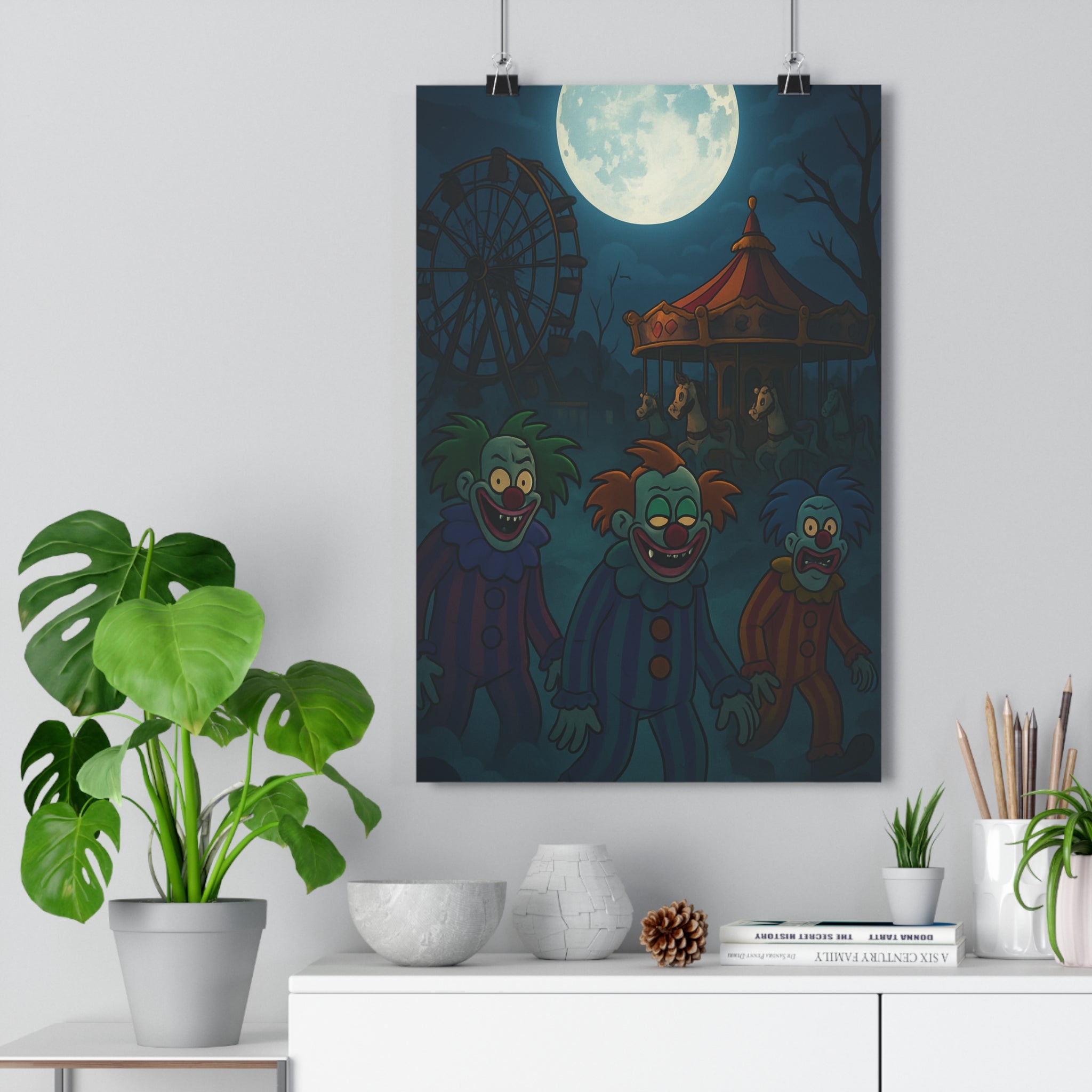 Poster décoratif animé sombre sinistre clown lune parc attractions chambre atmosphère effrayante contrastée couleurs