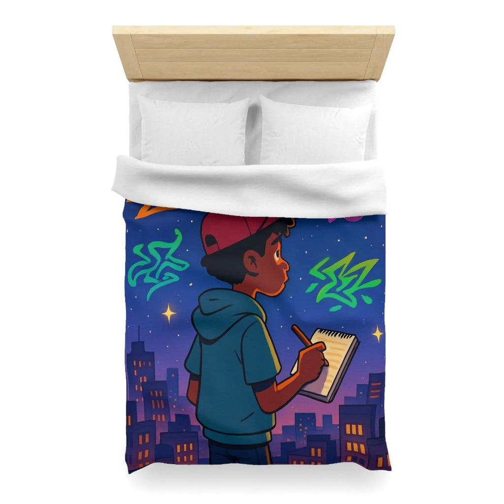 Housse de couette avec jeune artiste dessinant sous un ciel étoilé urbain coloré