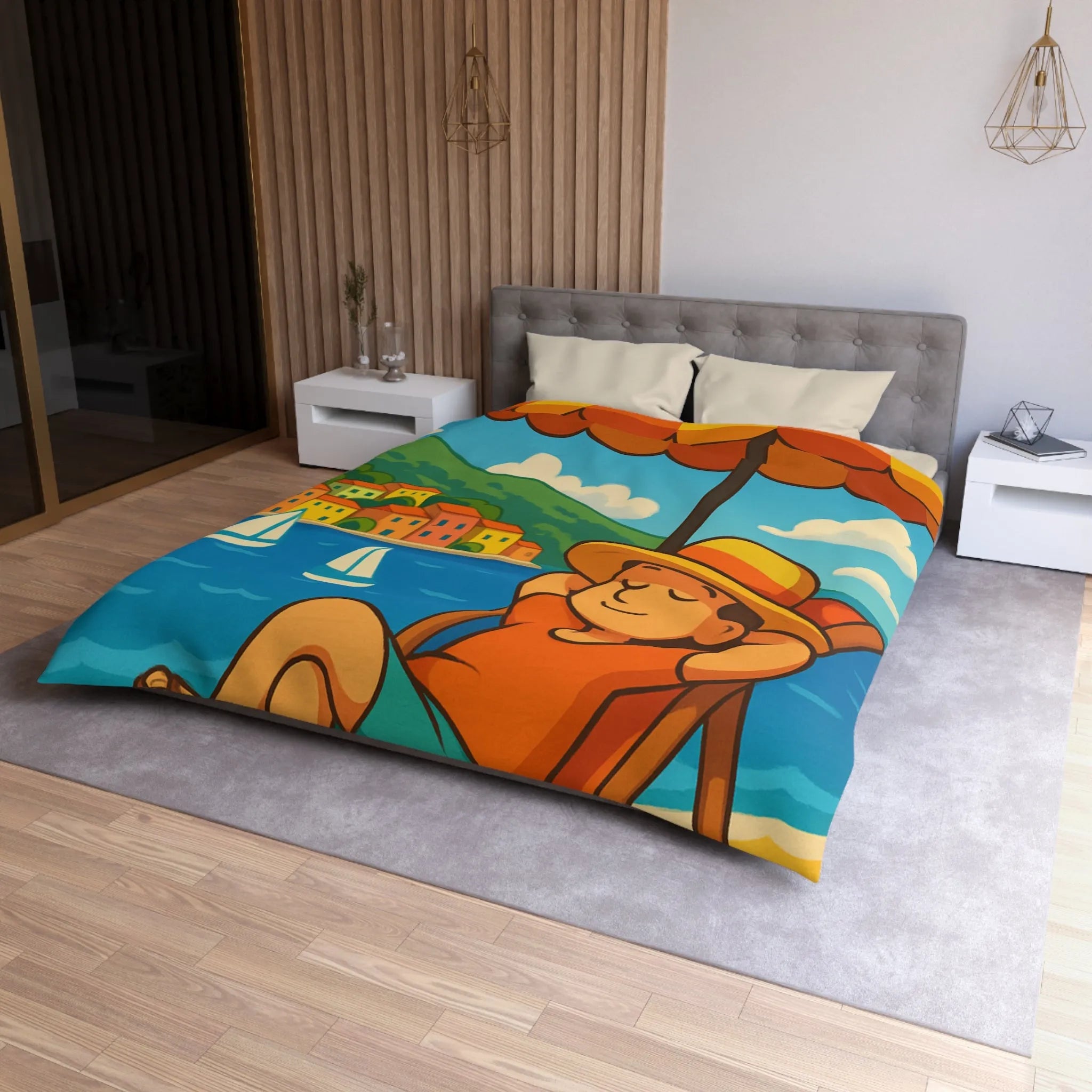 Housse de Couette Colorée Plage avec Parasol, Mer et Voiliers Décontractés Illustration