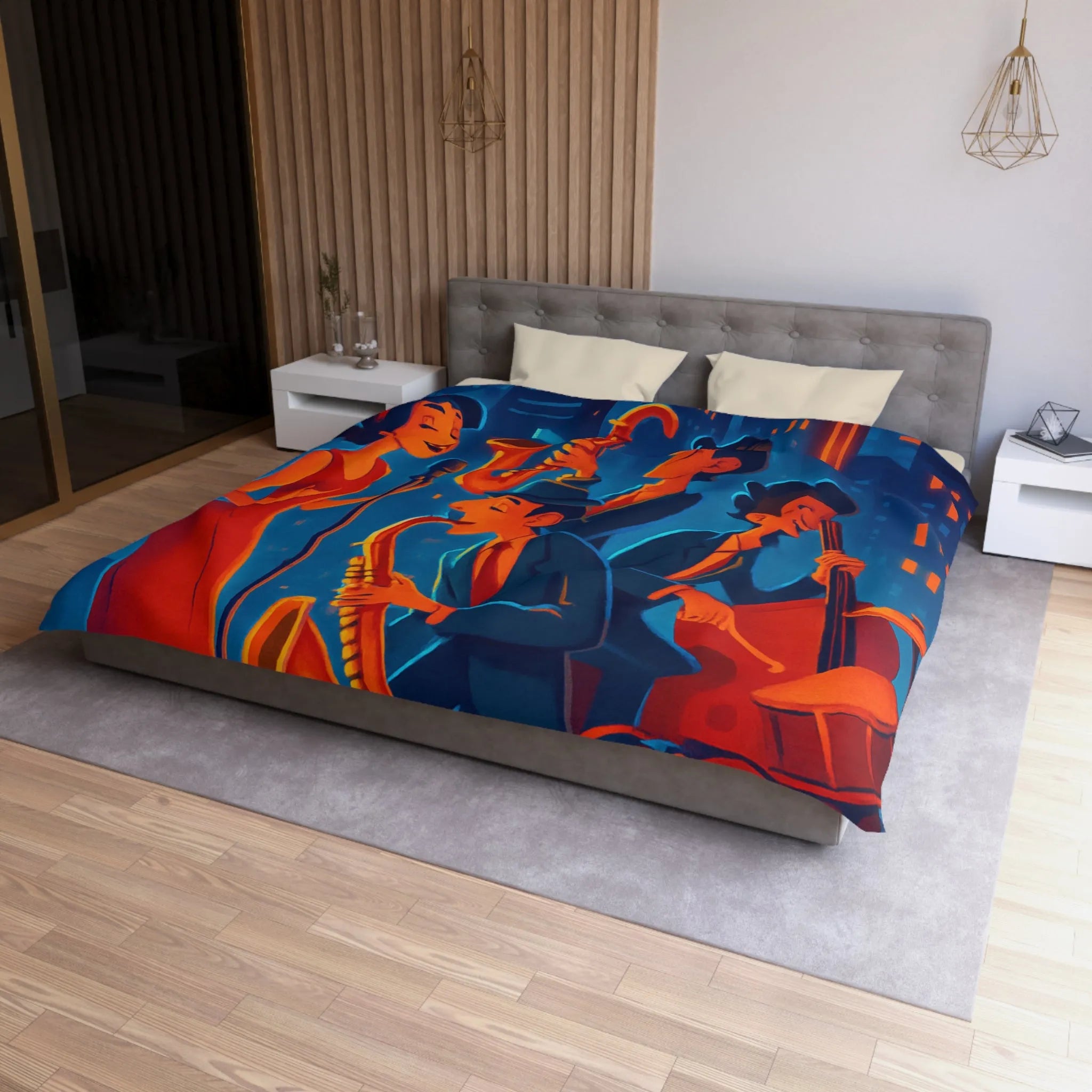 Housse de couette jazz rétro avec chanteuse et musiciens devant gratte-ciels éclairés