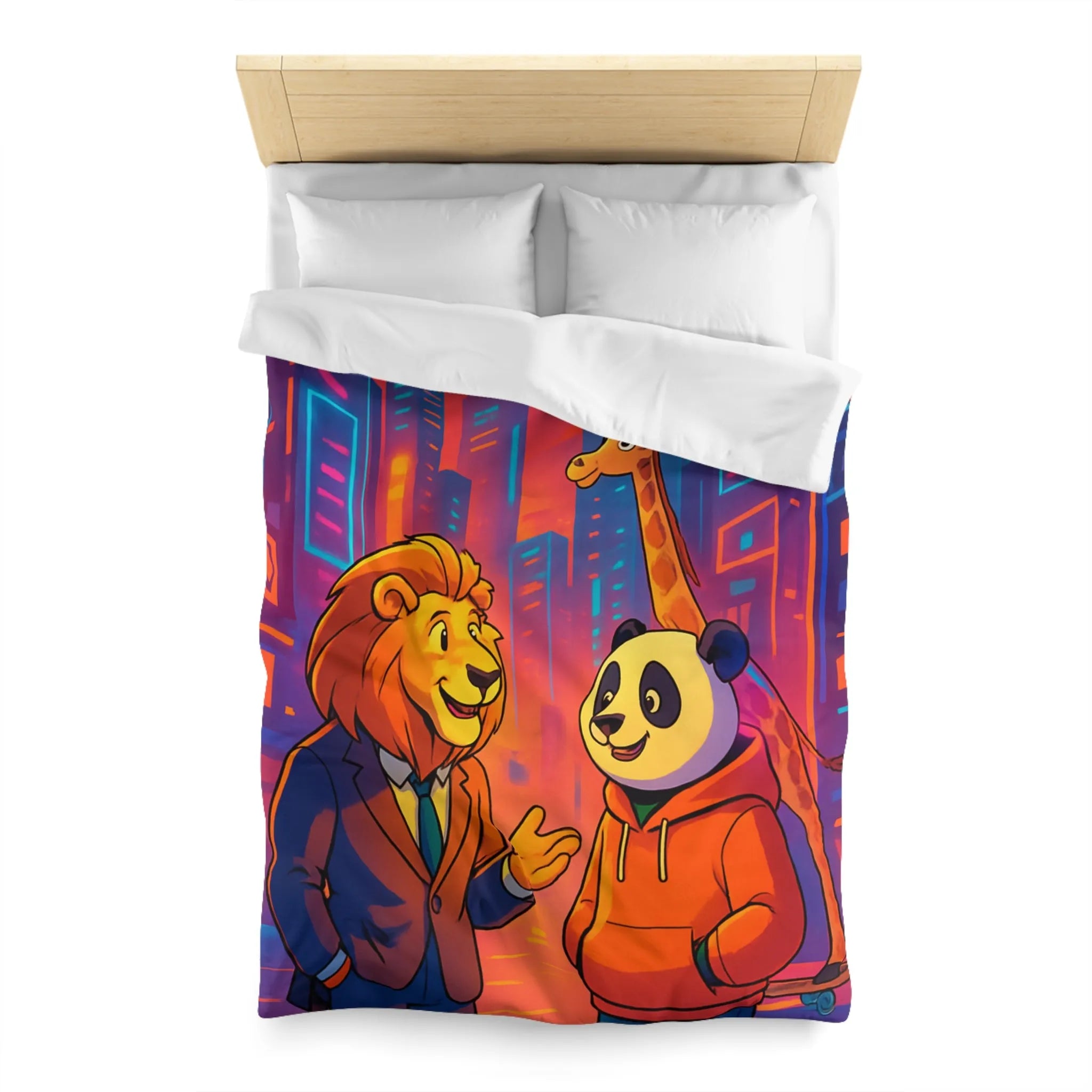 Housse de couette colorée avec lion et panda en costume urbain de ville futuriste