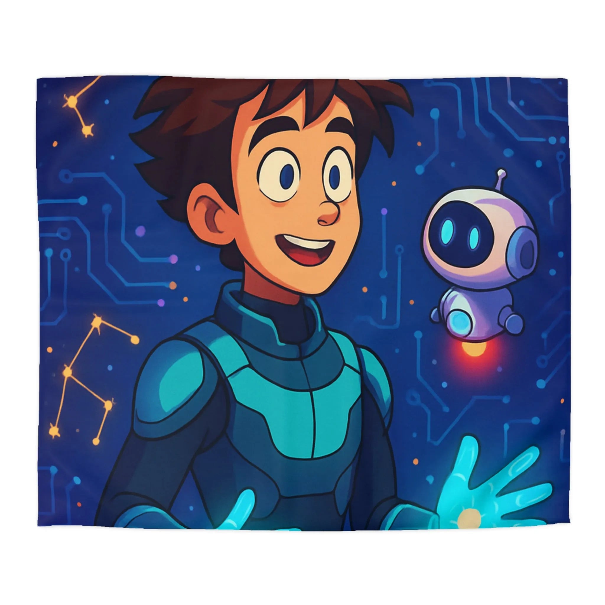 Housse de couette futuriste avec jeune héros et robot dans espace numérique éclatant