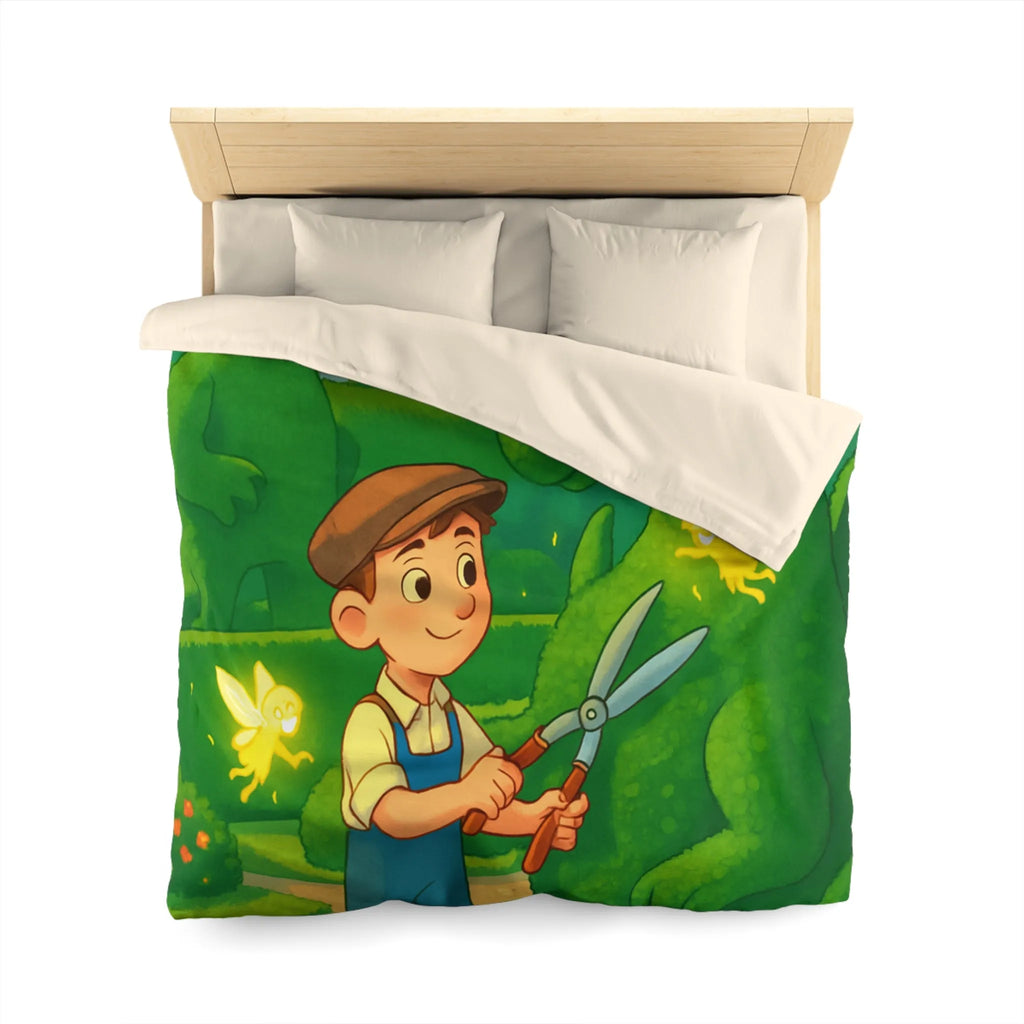 Housse de couette enfant dragon féérique avec jardin, verdure et ambiance magique naturelle