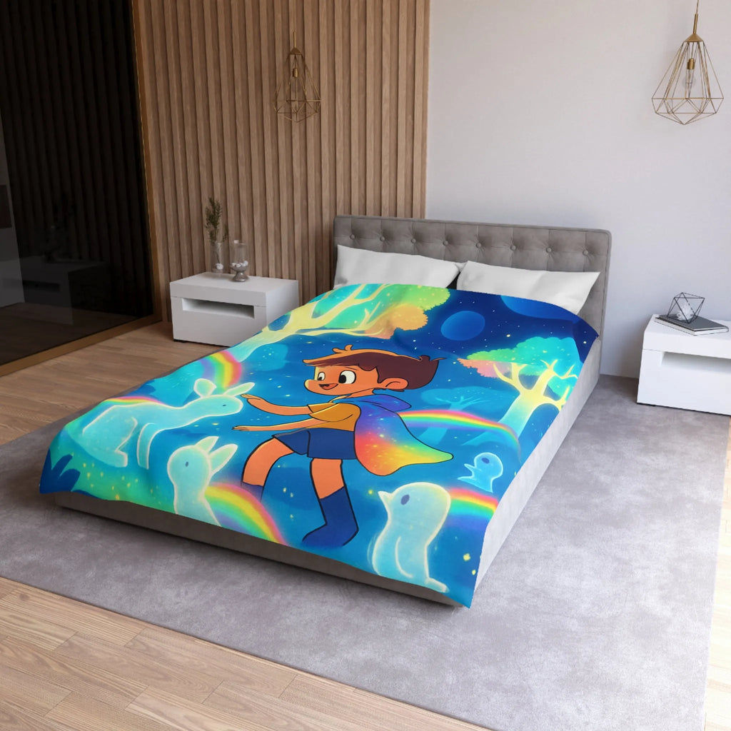 Housse de couette enfantine aux créatures lumineuses et arcs-en-ciel dans forêt enchantée