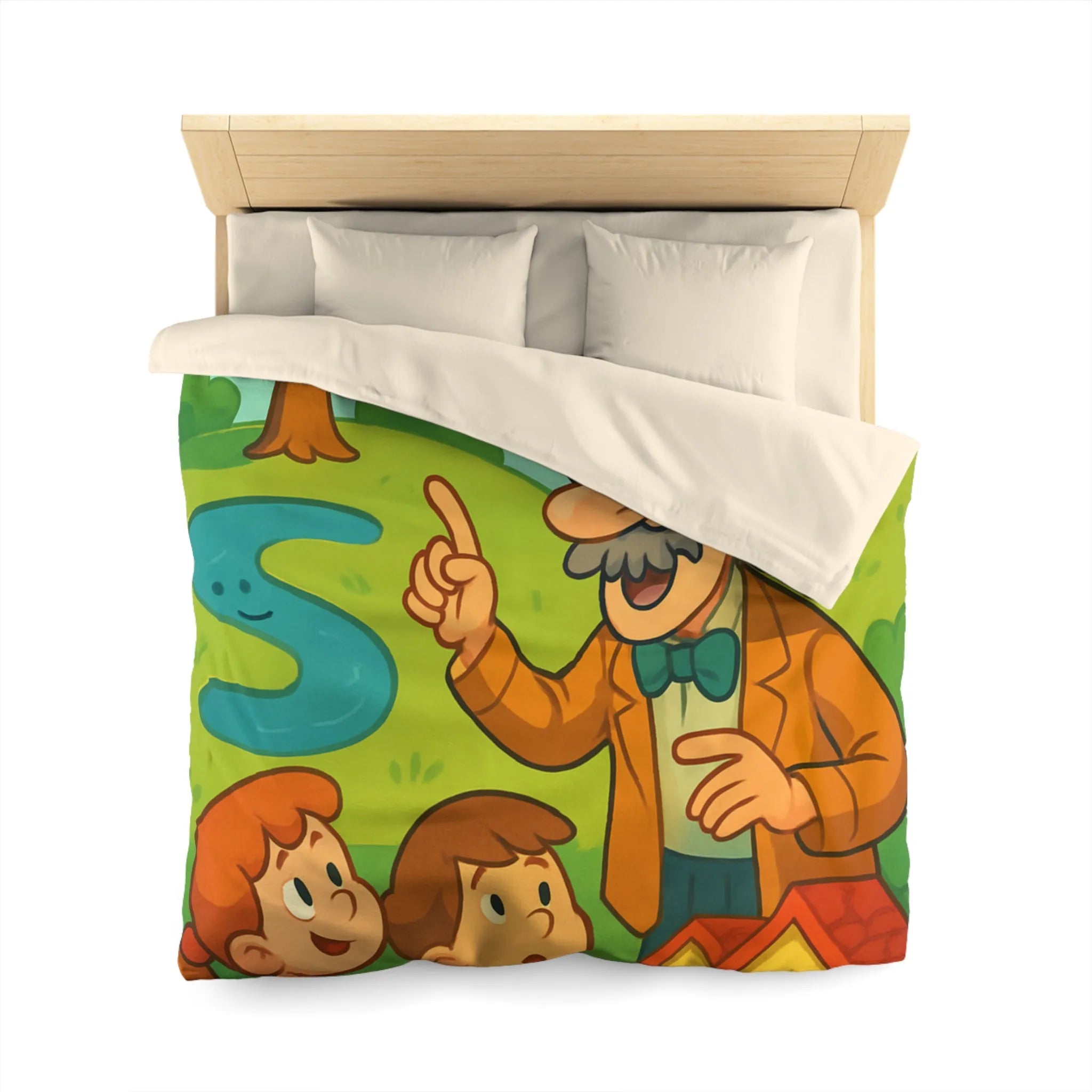 Housse de couette colorée avec un professeur et enfants dans un paysage enchanteur