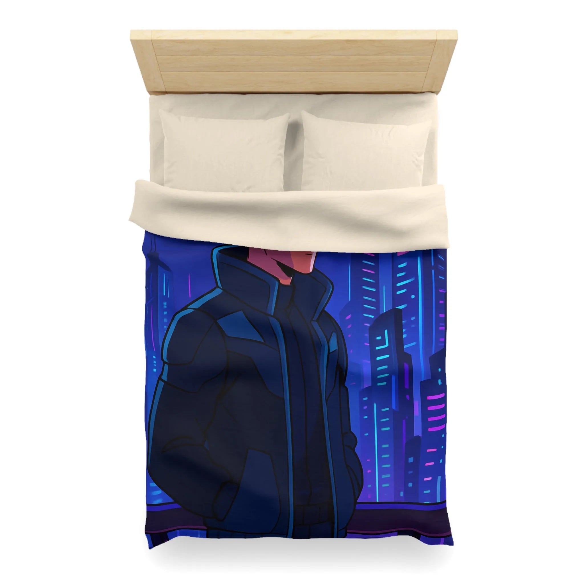 Futuriste Housse de Couette avec Ville Brillante et Homme Élégant en Lunettes