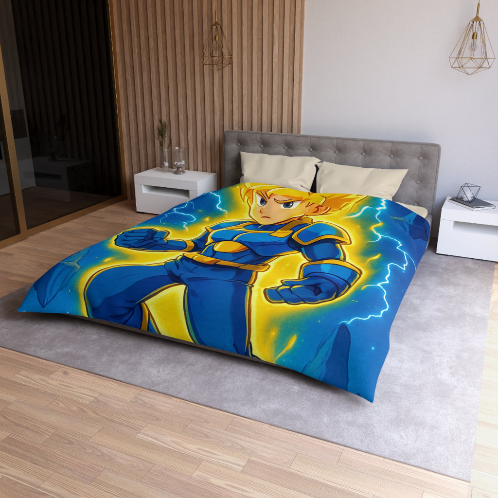 Housse de couette vibrante avec héros en armure bleue et rayons lumineux intenses