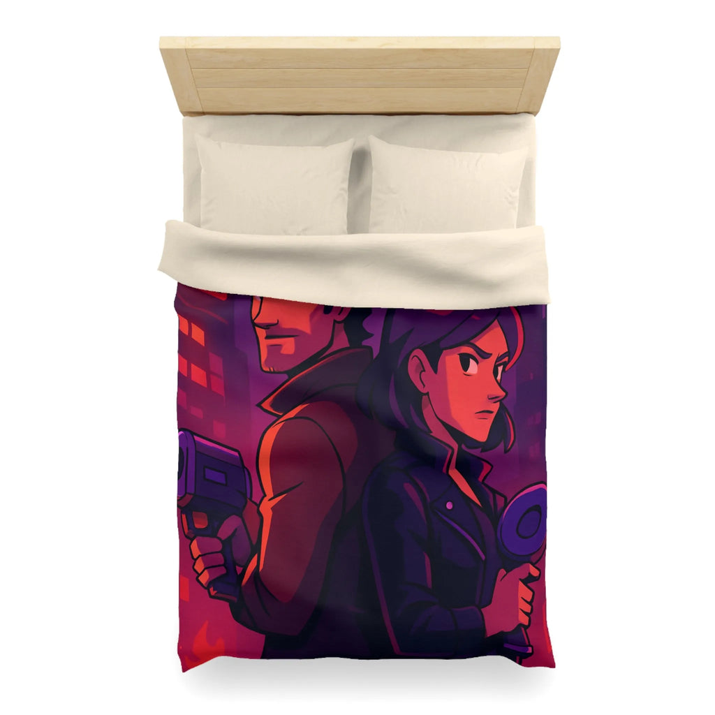 Housse de couette aventure urbaine avec duo de détectives dans néons lumineux