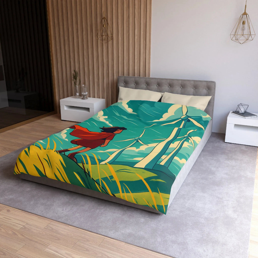 Housse de Couette Enfant avec Éoliennes et Paysage Venté Rouge et Bleu