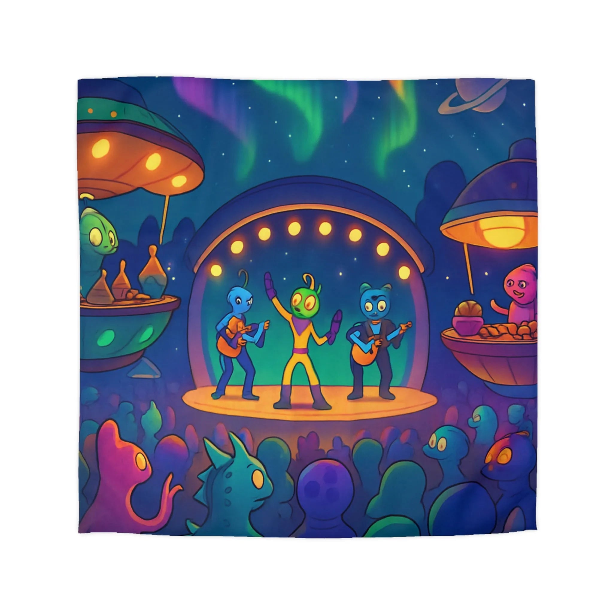 Housse de couette illustrée d'aliens en concert sous des aurores boréales éclatantes