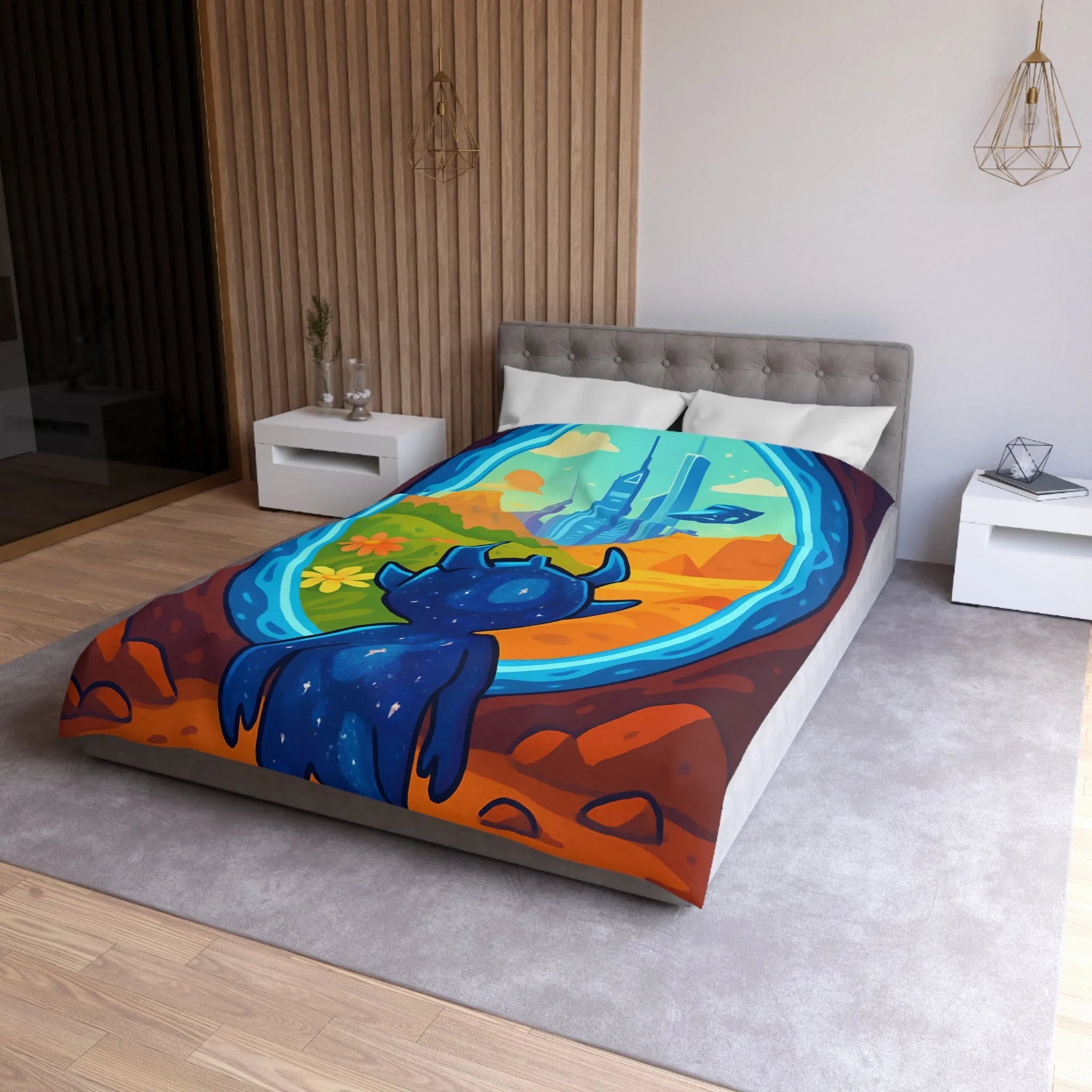 Housse de couette colorée avec créature cosmique et paysage futuriste magique