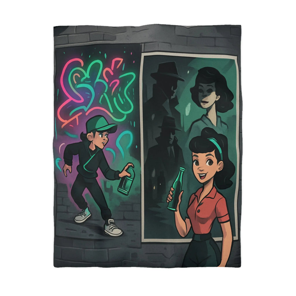 Housse de couette illustrée avec scène de rue colorée et personnages mystérieux
