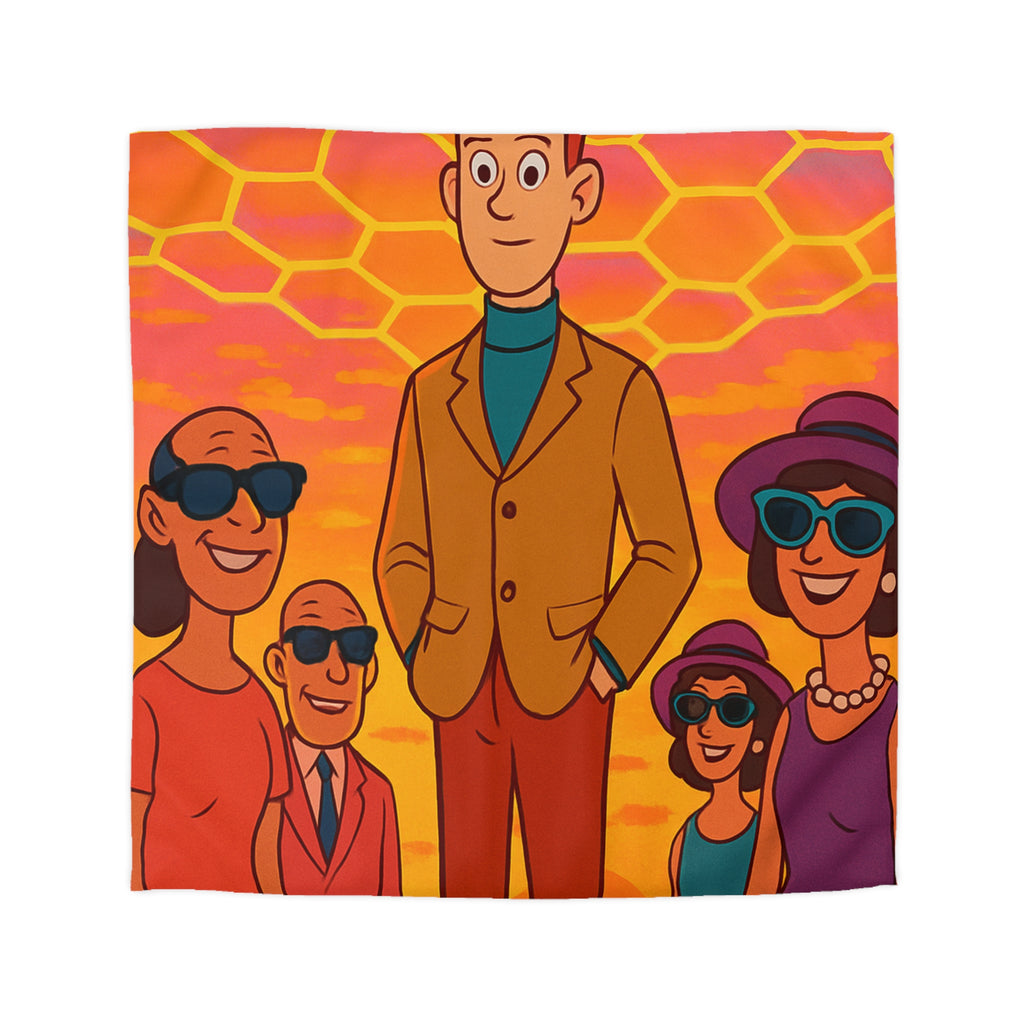 Motifs colorés hexagonaux vibrant avec personnages stylisés dans un paysage ensoleillé unique