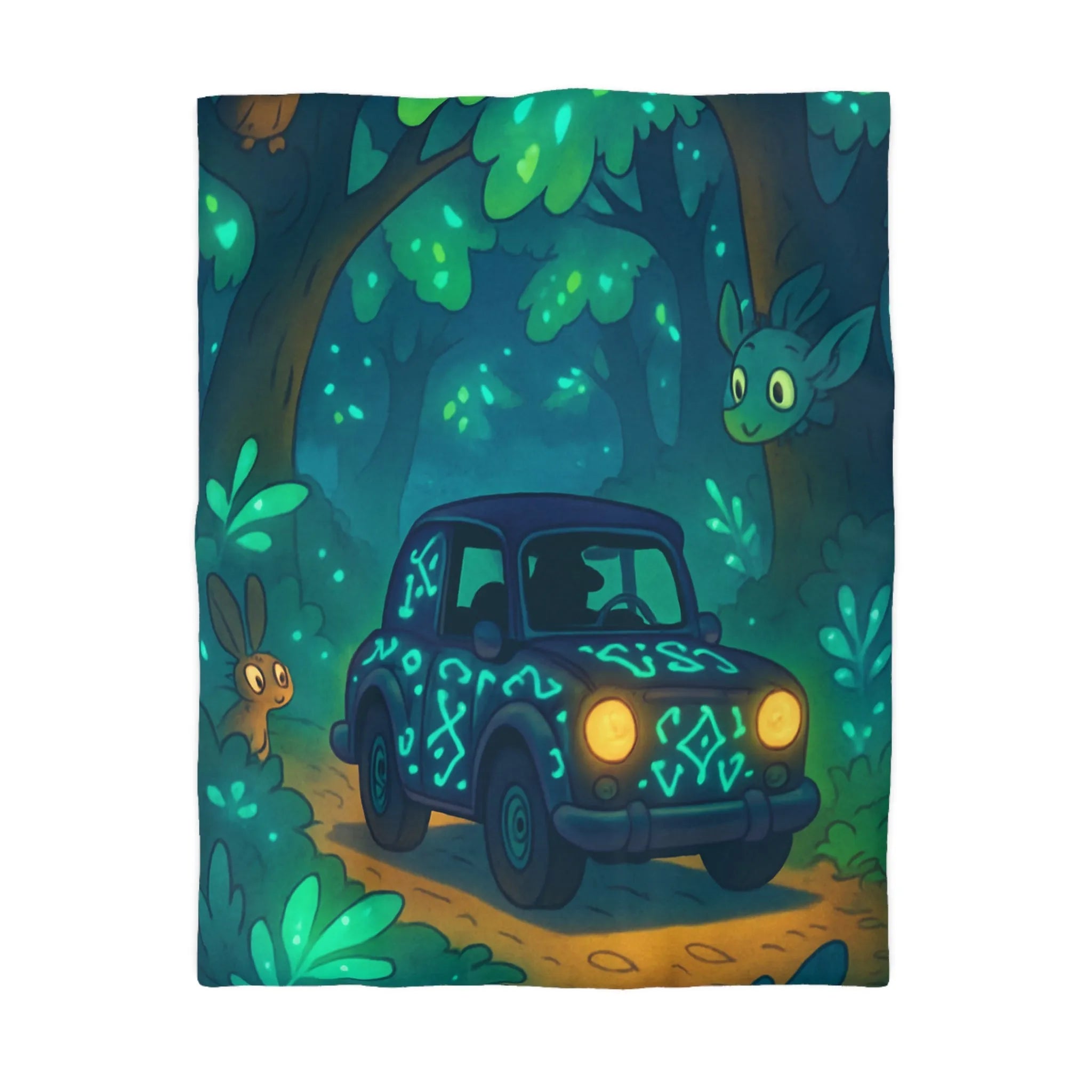 Housse de Couette Enchantée avec Voiture Vintage et Animaux dans Forêt Magique