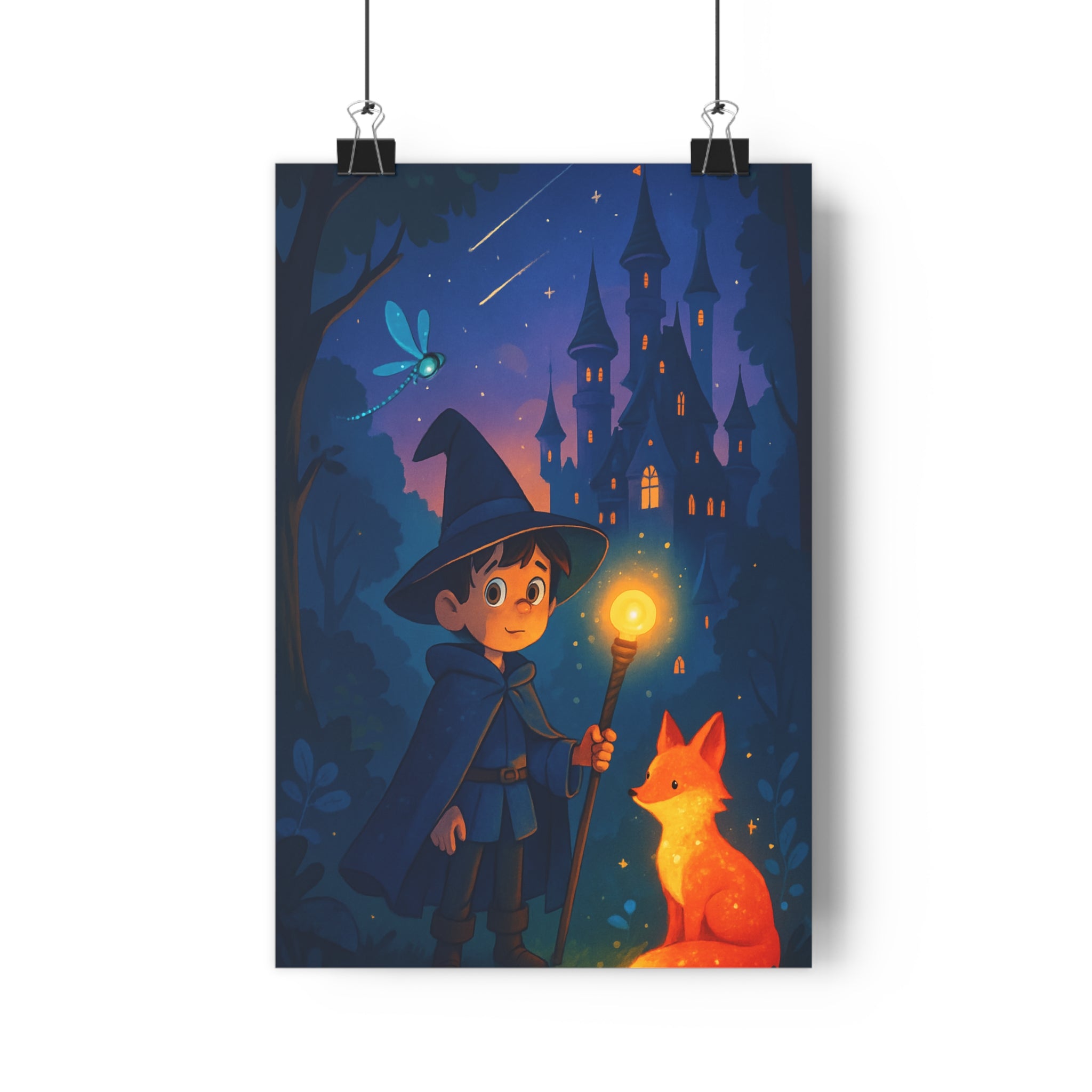 Poster décoratif mystique sorcier bleu orange enfant chambre magique lumineux aventure féerique art qualité