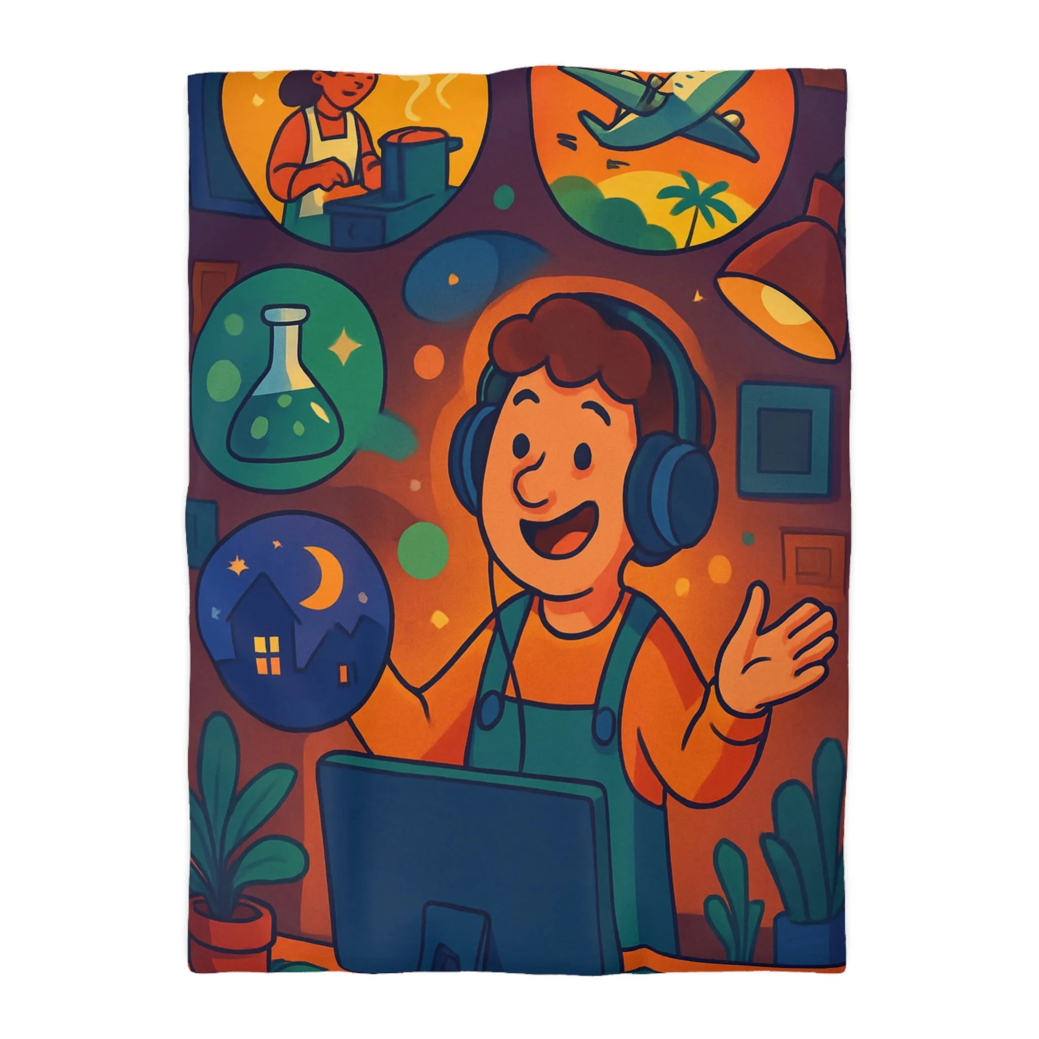 Housse de couette colorée avec illustrations de rêve, voyage et créativité pour enfant